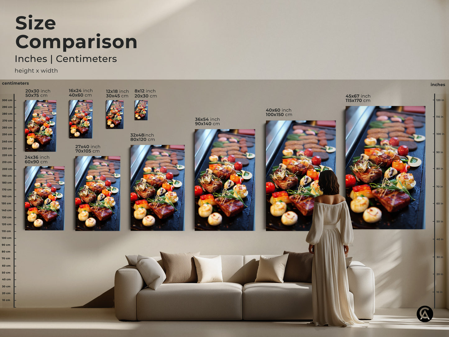 Size comparison for gourmet steak and vegetable art prints. See how each canvas or poster size fits above a couch. Visualize the impact of modern kitchen wall art in your living space. Red orange and brown tones bring contemporary cuisine to life. Perfect kitchen wall art for food lovers home bars and restaurants.