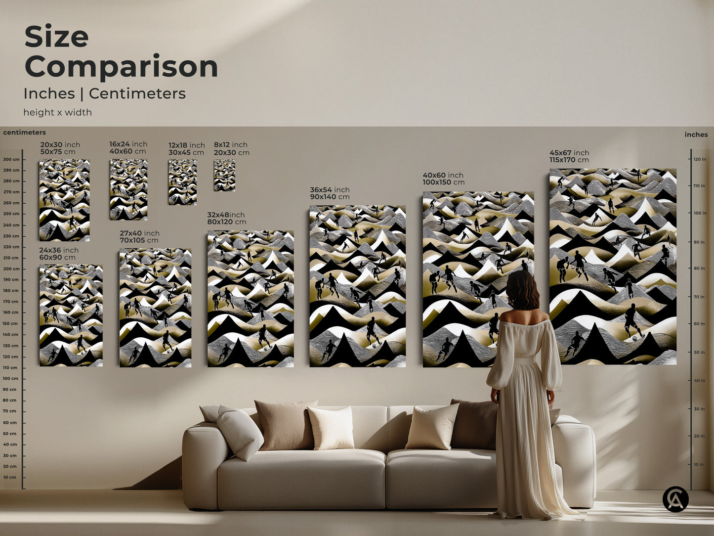This size comparison shows abstract football art in a living room. Different canvas sizes enhance a modern sofa. The artwork in black white and gold elevates the space. This helps visualize the art's impact. It also helps determine the ideal fit.