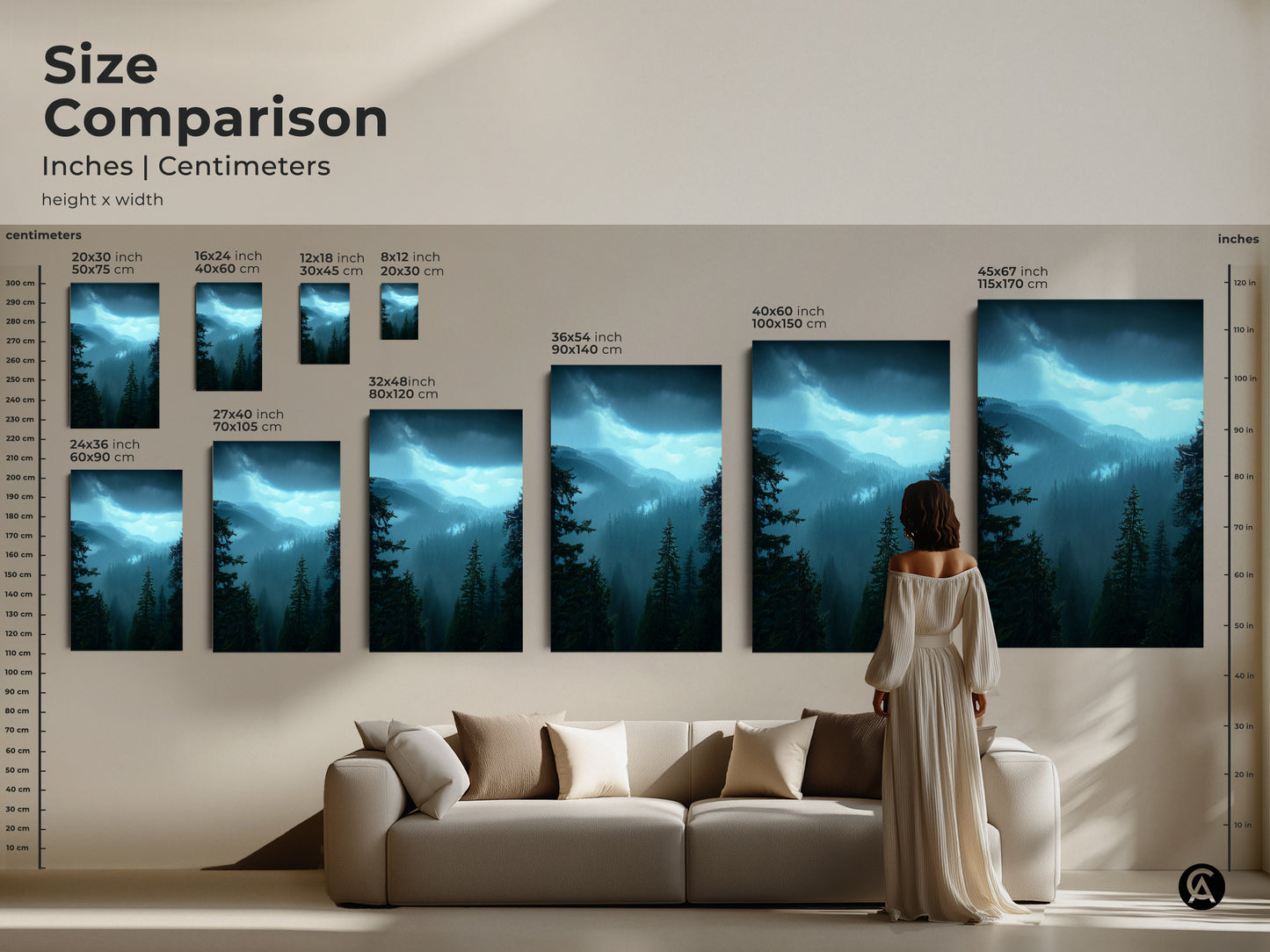 Size comparison chart for deep blue landscape art featuring a moody pine forest. Available as canvas or poster in various sizes. See inches and centimeters dimensions. Rustic home decor art for an outdoor lover. Nature scene wall hanging for hiker's paradise.