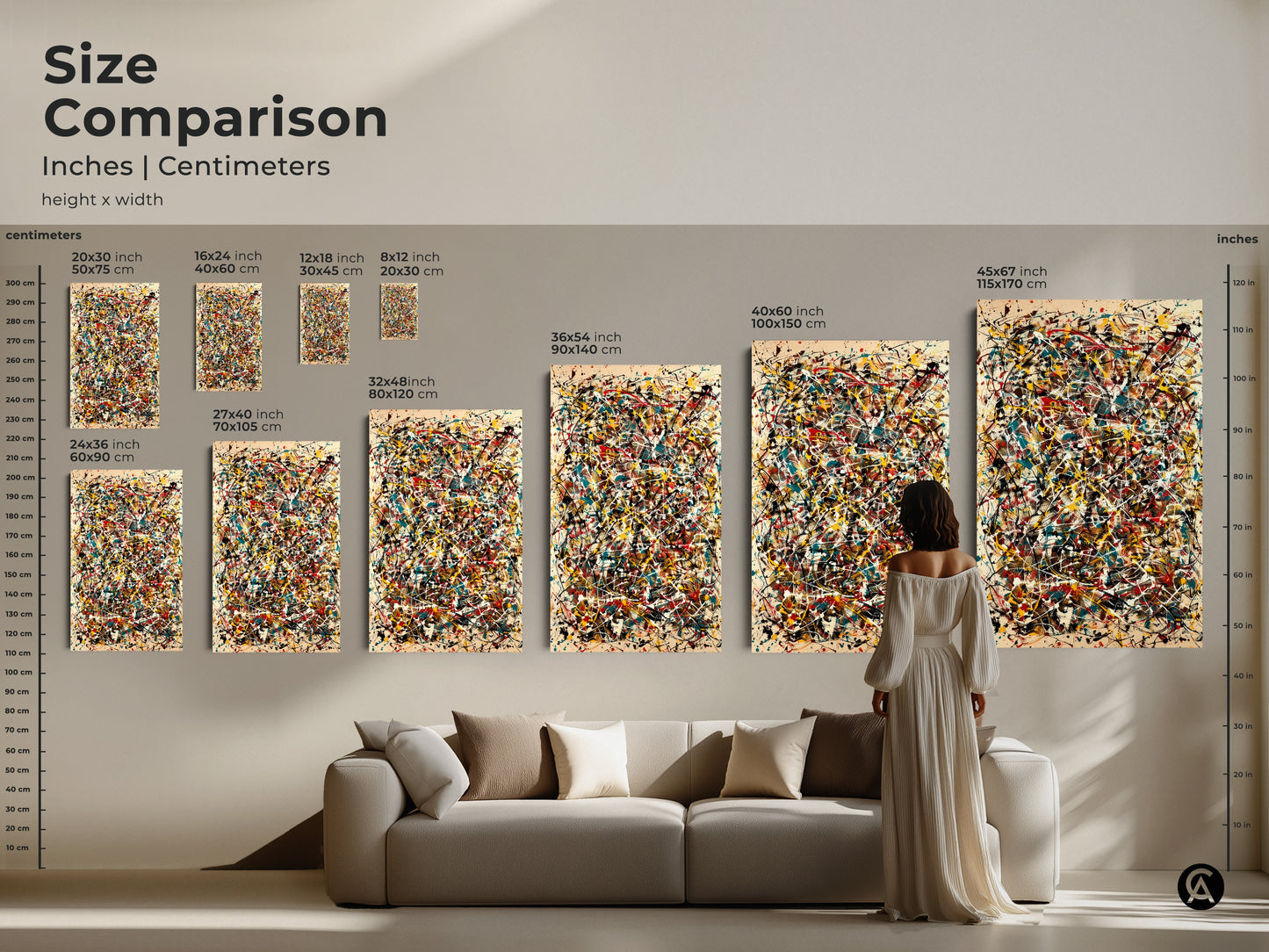 Size comparison of abstract artwork in inches and centimeters. View canvas and poster prints in various dimensions. From small to large see how the art scales in a living room setting. Find the perfect fit for your home.