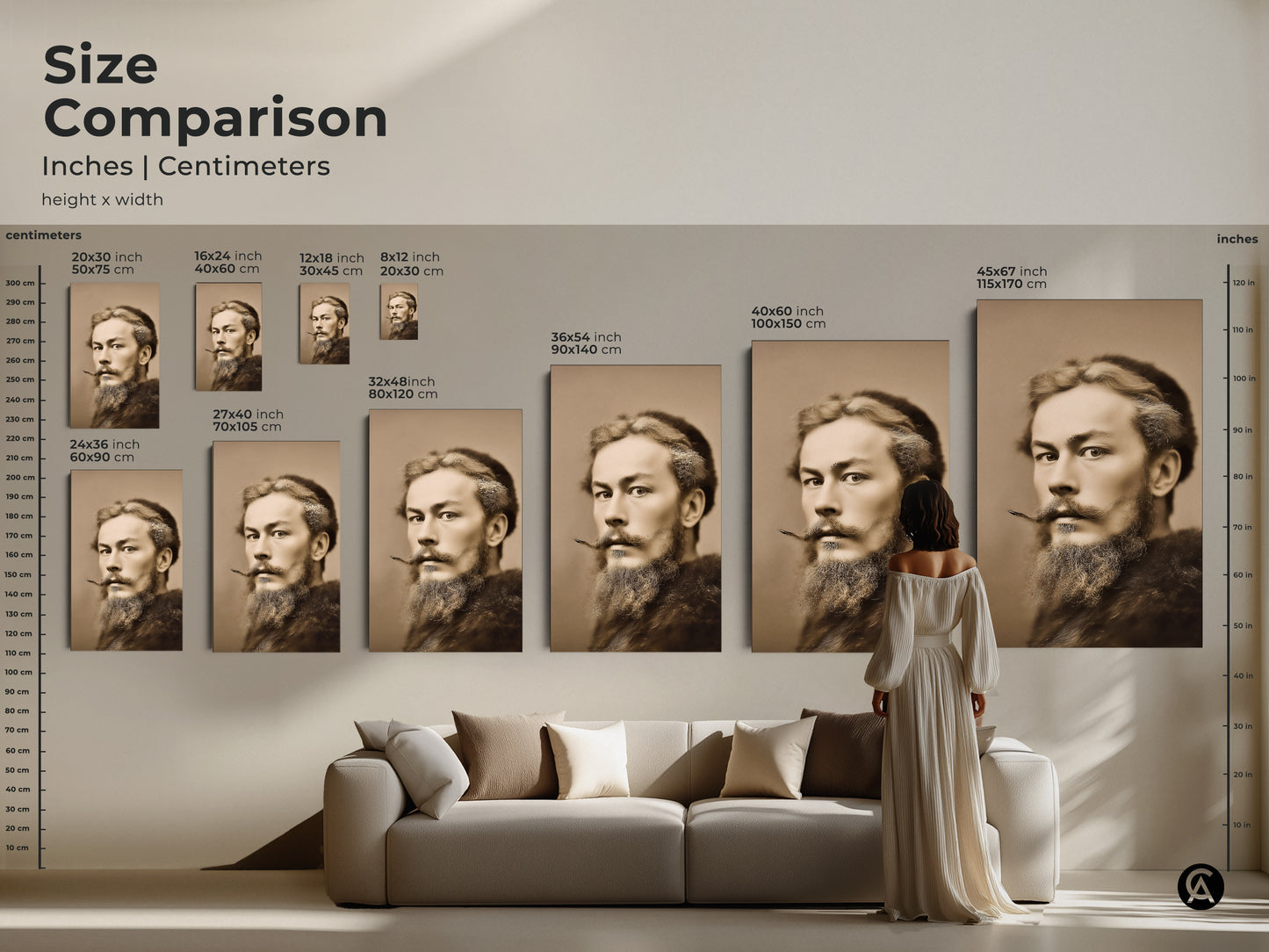 Size comparison of a sepia tone man portrait in various sizes. Artwork ranges from small to large. Ideal for adding a traditional touch to any living room decor.