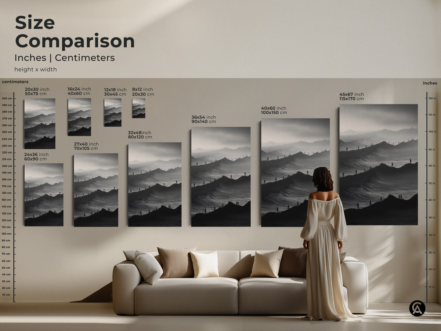 Size comparison featuring the monochrome mountain artwork in various sizes. From small to extra large visualize the impact of this abstract landscape print. Woman in dress provides scale. Perfect for modern homes. Find your ideal size today. Elevate decor.