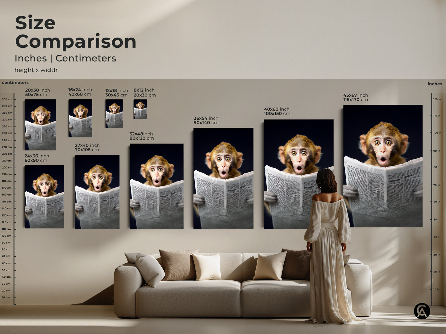 Compare sizes of this monkey reading newspaper artwork in inches and centimeters. Visualize how the animal portrait print fits above a sofa. See the scale of canvas and poster options in different room settings. Perfect for eclectic home decor this whimsical animal print adds charm to any space. It is a great gift for animal lovers and office workers.