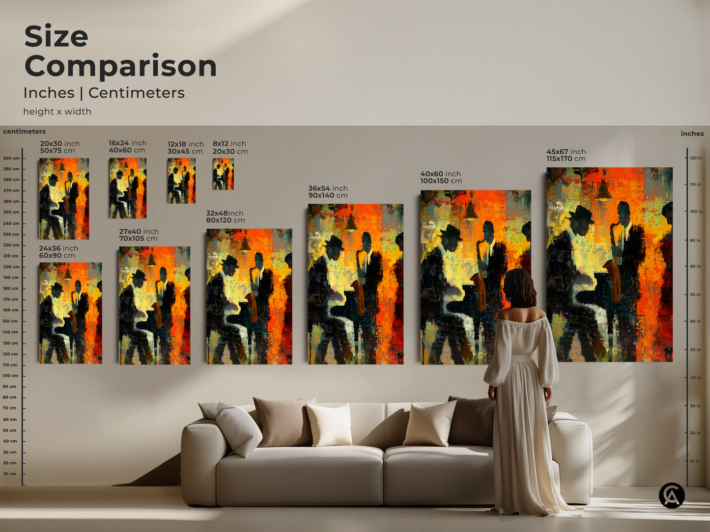 Size comparison of jazz artwork in inches and centimeters. See how different sizes will look above your sofa. Choose from a range of dimensions to suit your space. Find the ideal size to create a stunning focal point in your living room.