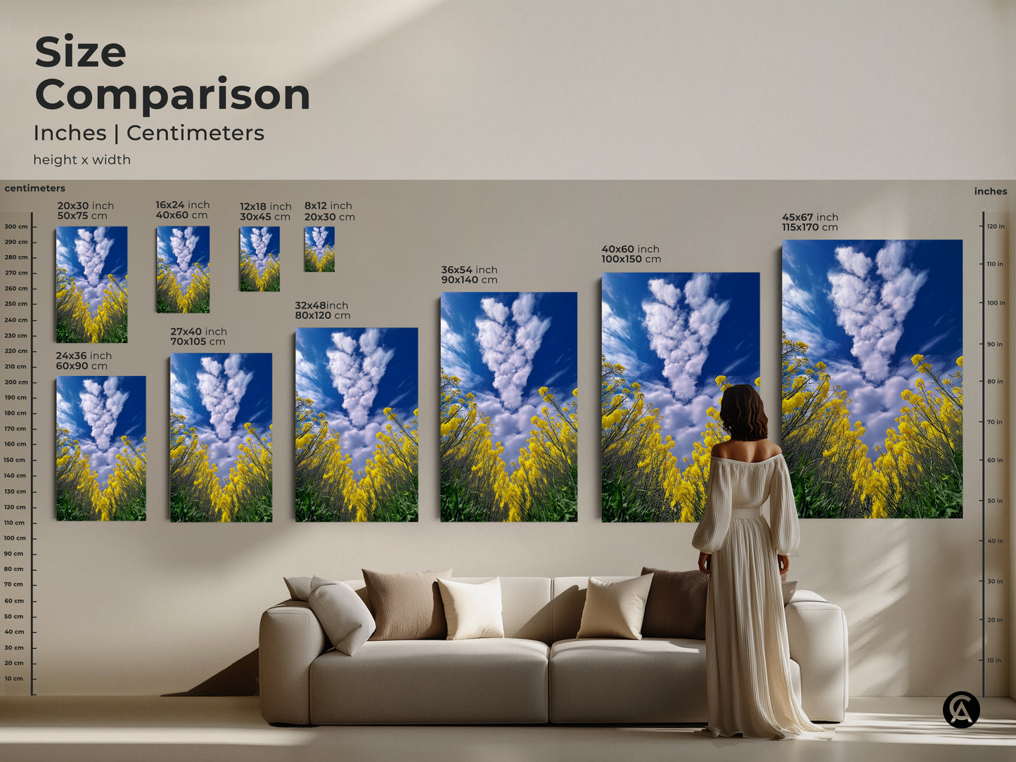 Size comparison of yellow canola field artwork. Various sizes are displayed above a couch. Options include canvas and poster prints. See how this boho floral nature decor will look in your home. Perfect for nature enthusiasts and landscape lovers.