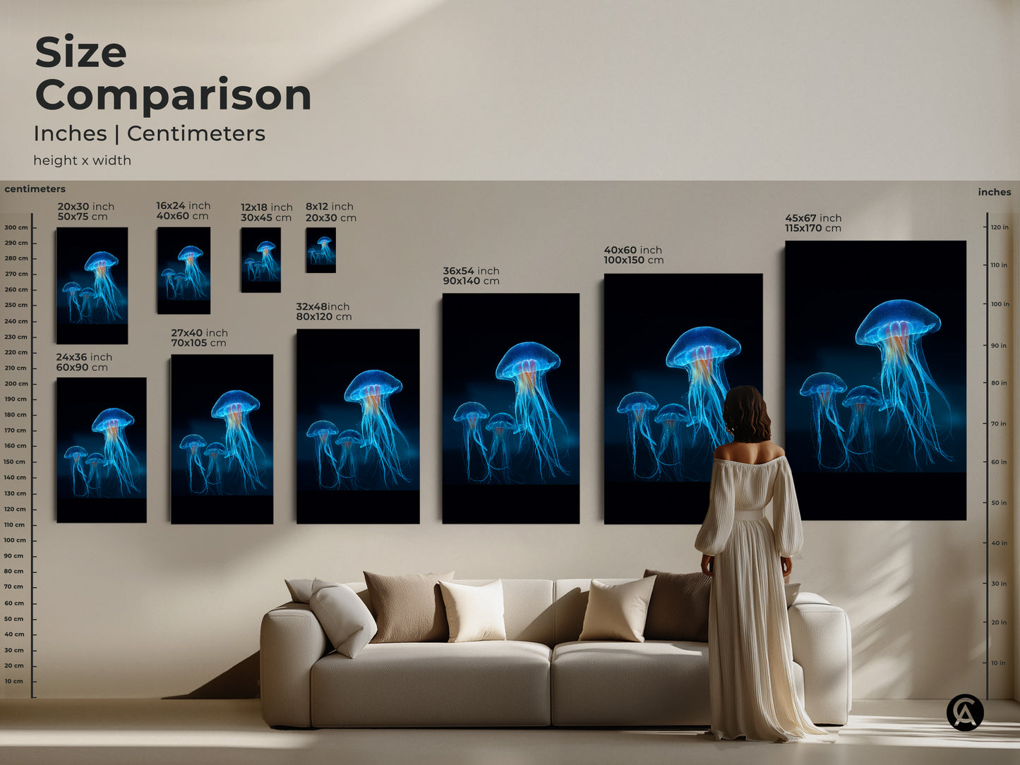 Compare sizes with our size comparison guide. Inches and centimeters are provided for bioluminescent jellyfish art. See how this electric blue ocean wall art fits above a sofa. Choose canvas or poster prints.