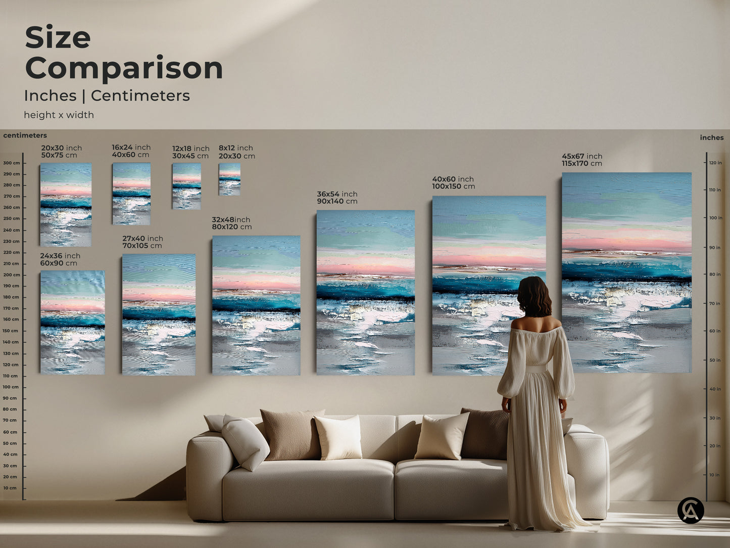 Size comparison of abstract coastal art prints in inches and centimeters. Visualize teal blue and pink artwork in various dimensions above a sofa. Choose the perfect size for your space. Create a serene ocean view art display in your home.