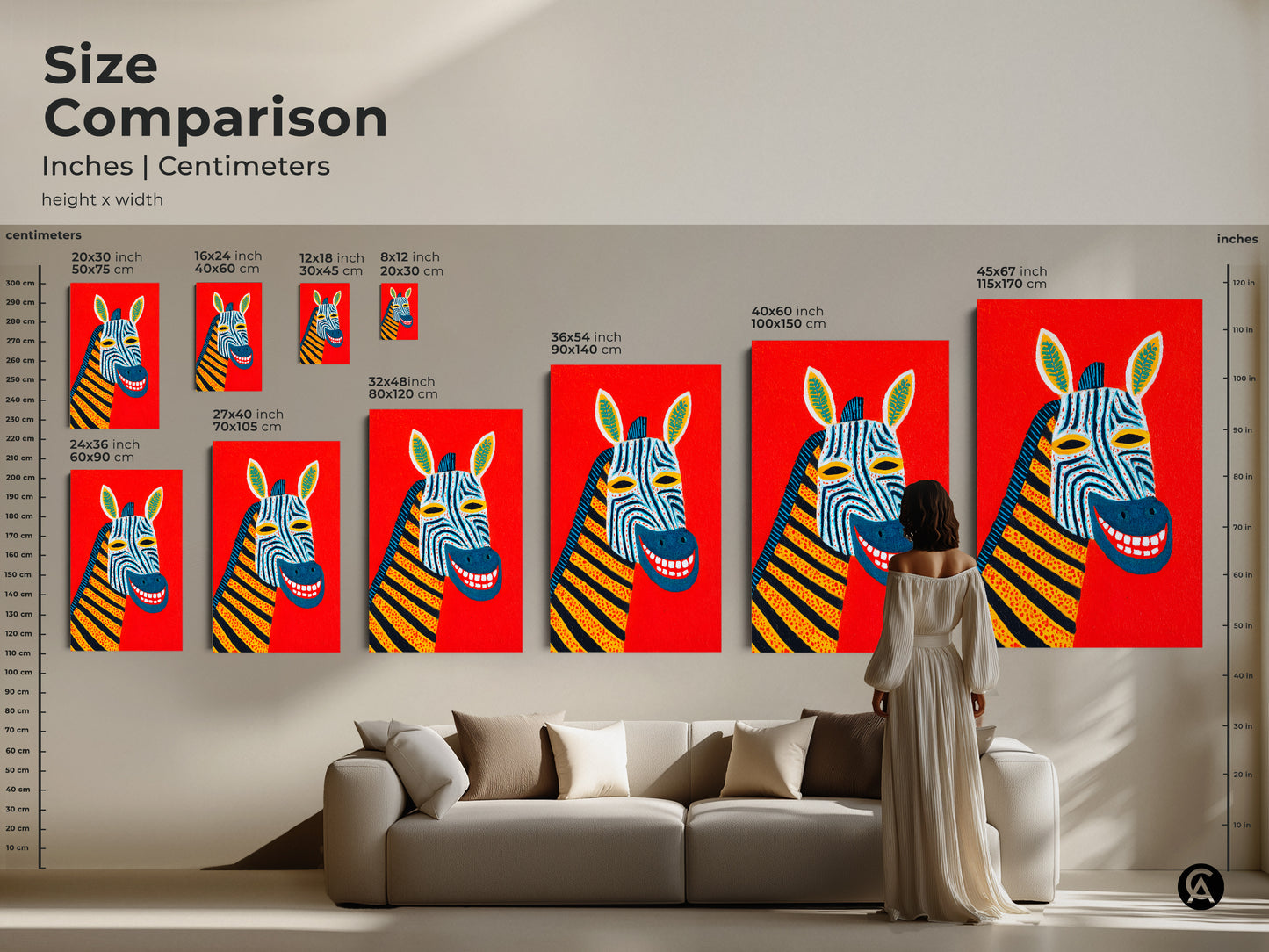 Size comparison showcasing the abstract zebra portrait artwork in different sizes. This colorful animal art print is perfect as a living room canvas decor. Transform your space with unique home wall art pieces.