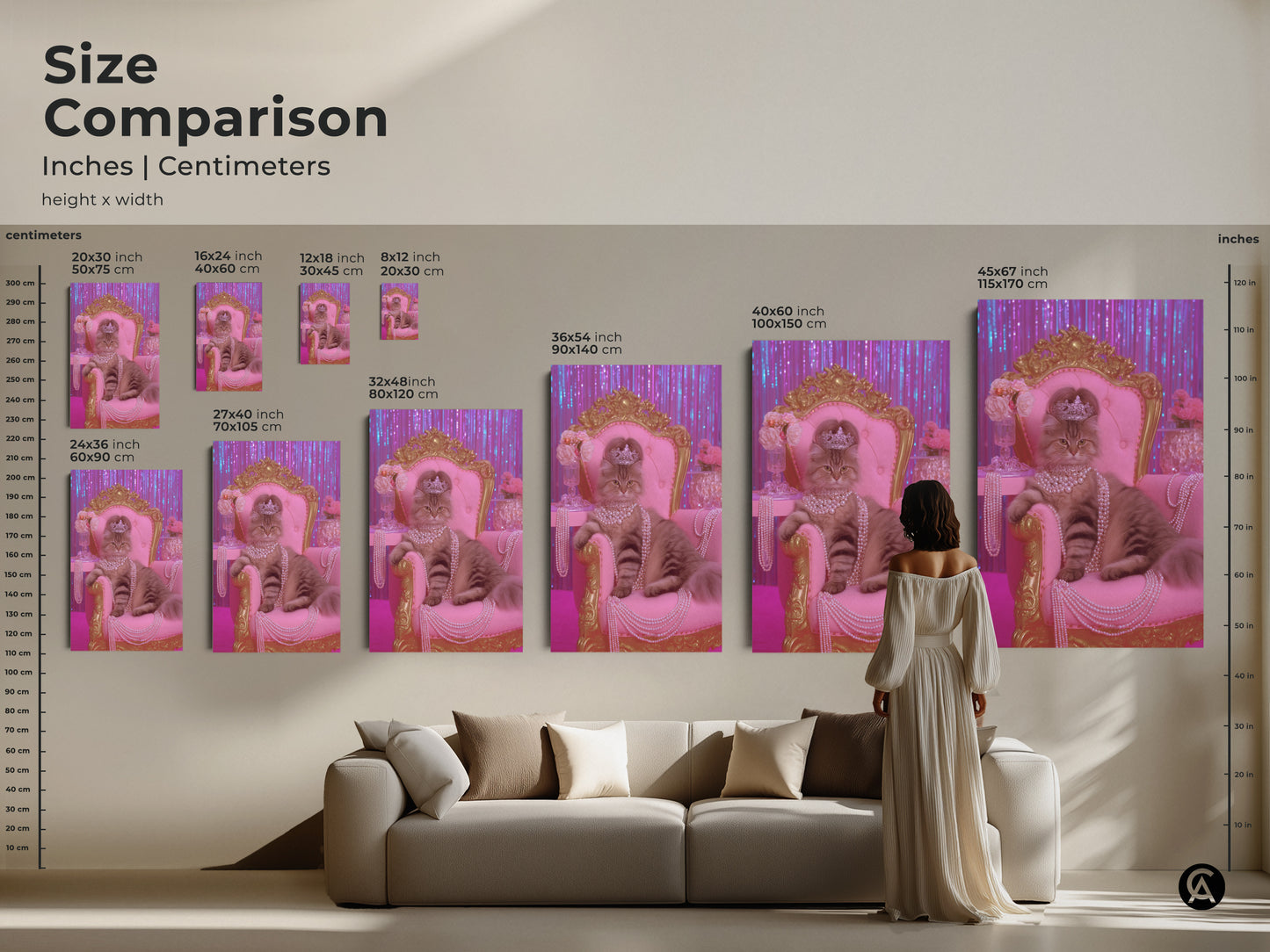Size comparison of the pink gold crowned cat art. See how the artwork fits above a sofa. Available in various sizes from small to large. Choose the perfect scale for your glam cat wall art. This luxury animal artwork is ideal for eclectic bedroom decor. Shop now for a unique pet portrait.