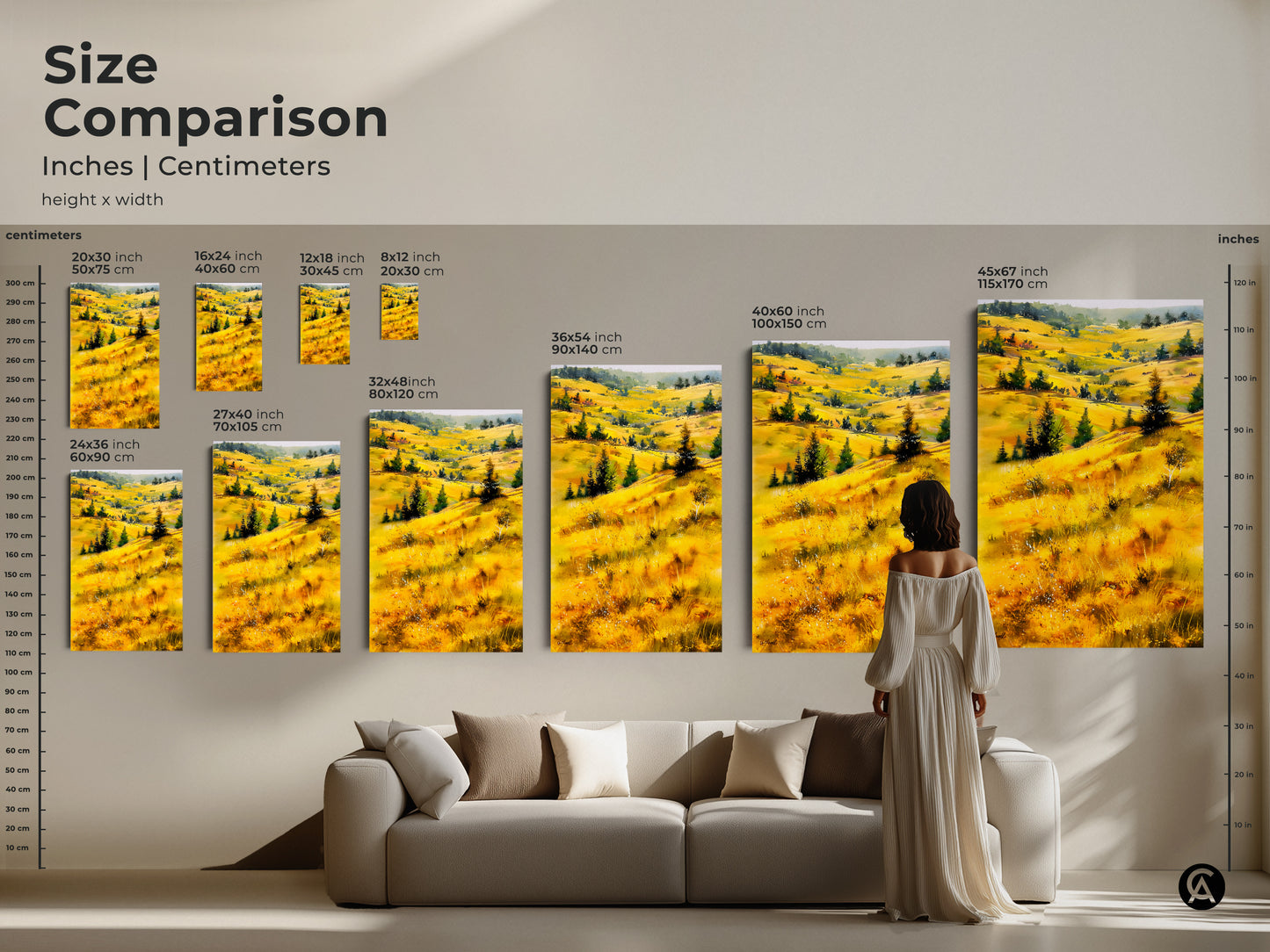 Size comparison of landscape art prints in inches and centimeters. See how the artwork fits above a sofa. Sizes range from 12x18 inch to 45x67 inch. Perfect for adding a touch of nature to your living room. Choose the right size for your home decor.