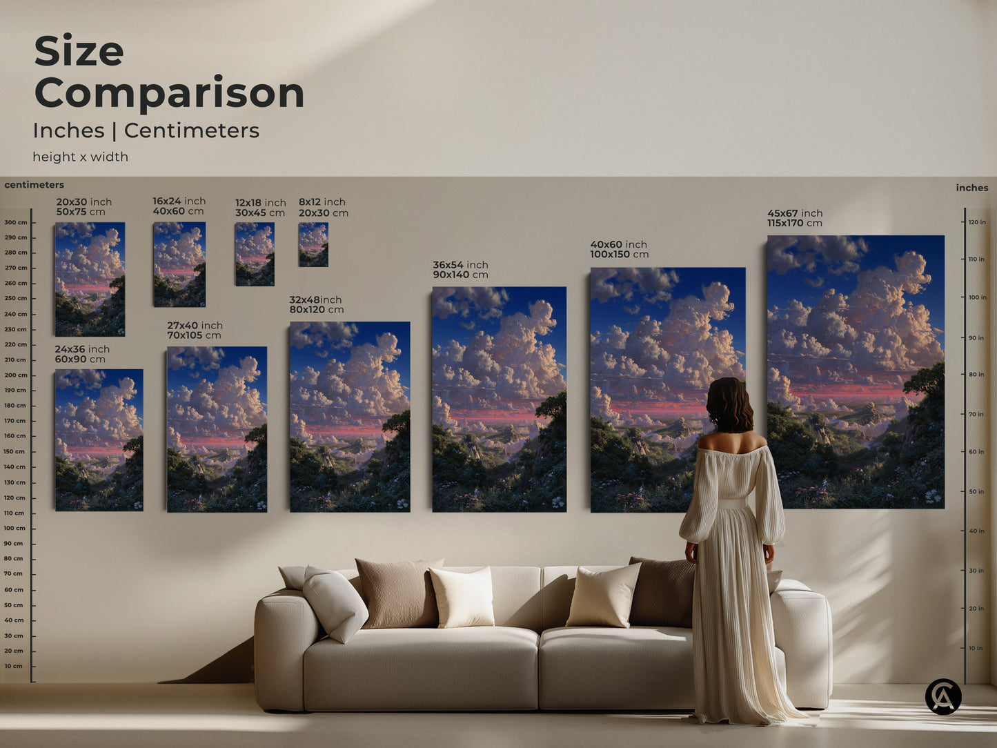 Size comparison featuring framed and unframed canvas art in a living room setting. The blue green landscape artwork complements the decor. A romantic sky clouds canvas enhances the space.