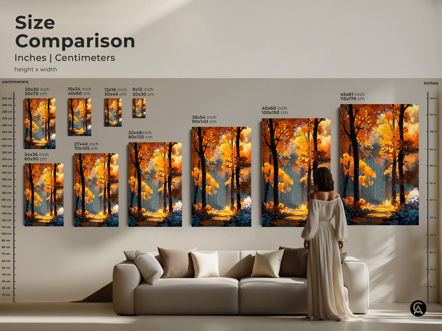 Size comparison of the autumn forest artwork. It showcases different canvas and poster sizes in inches and centimeters. A woman stands near the art to provide a sense of scale for the wall art.