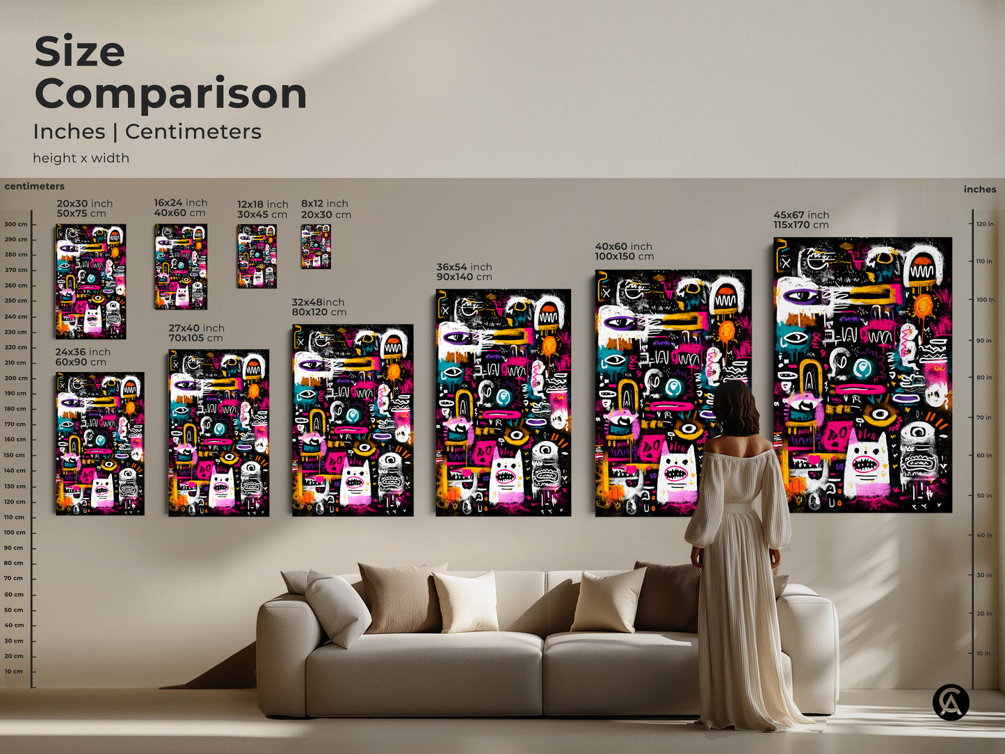 Size comparison of modern art prints in inches and centimeters. See how different sizes of this graffiti-style artwork look in a living space. Choose the perfect canvas or poster to enhance your home decor.