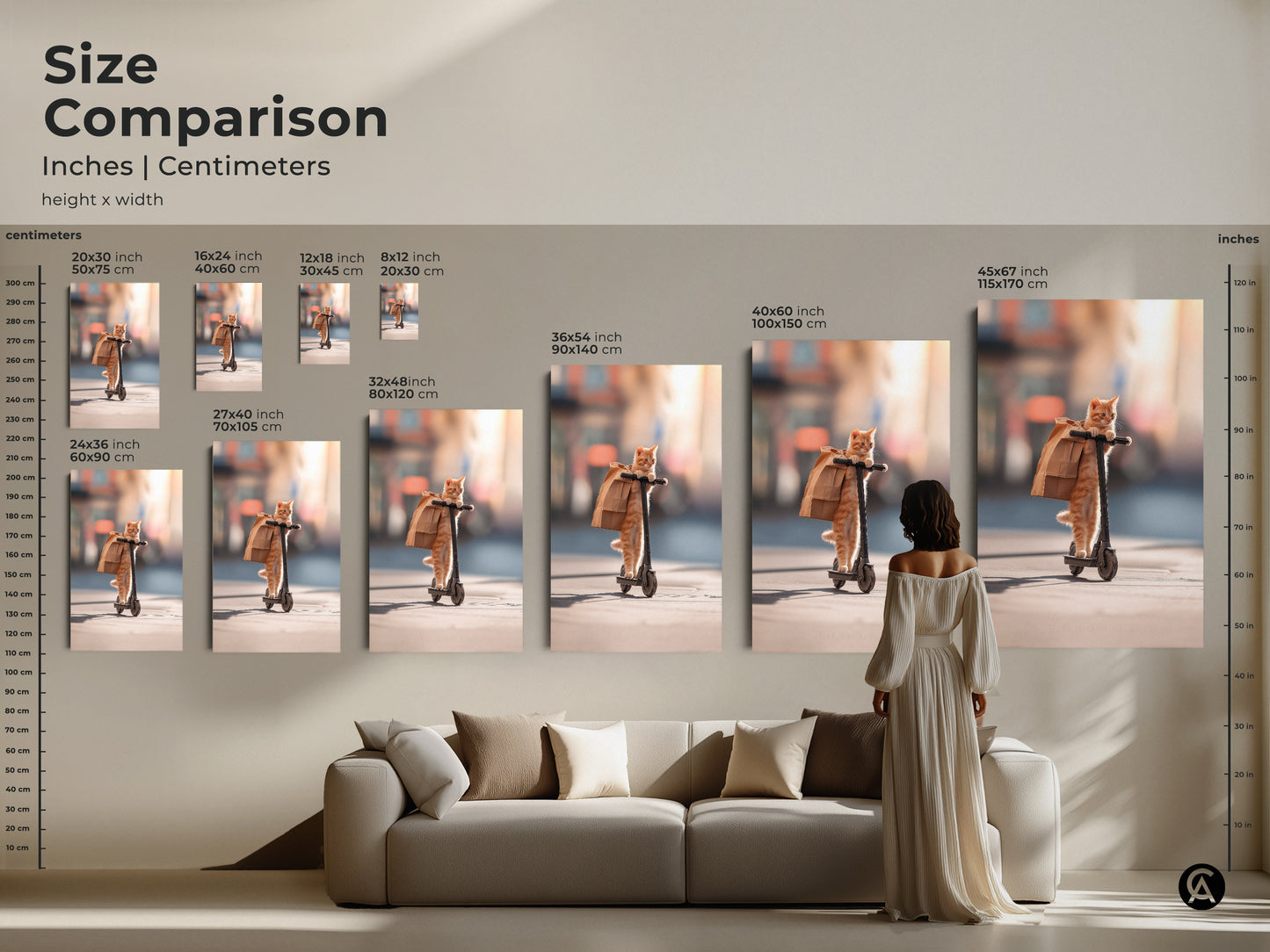 Size comparison of cat artwork in inches and centimeters. Visualize how different sizes fit in your home. This canvas and poster art is perfect for any room. See how it complements your living space and furniture.