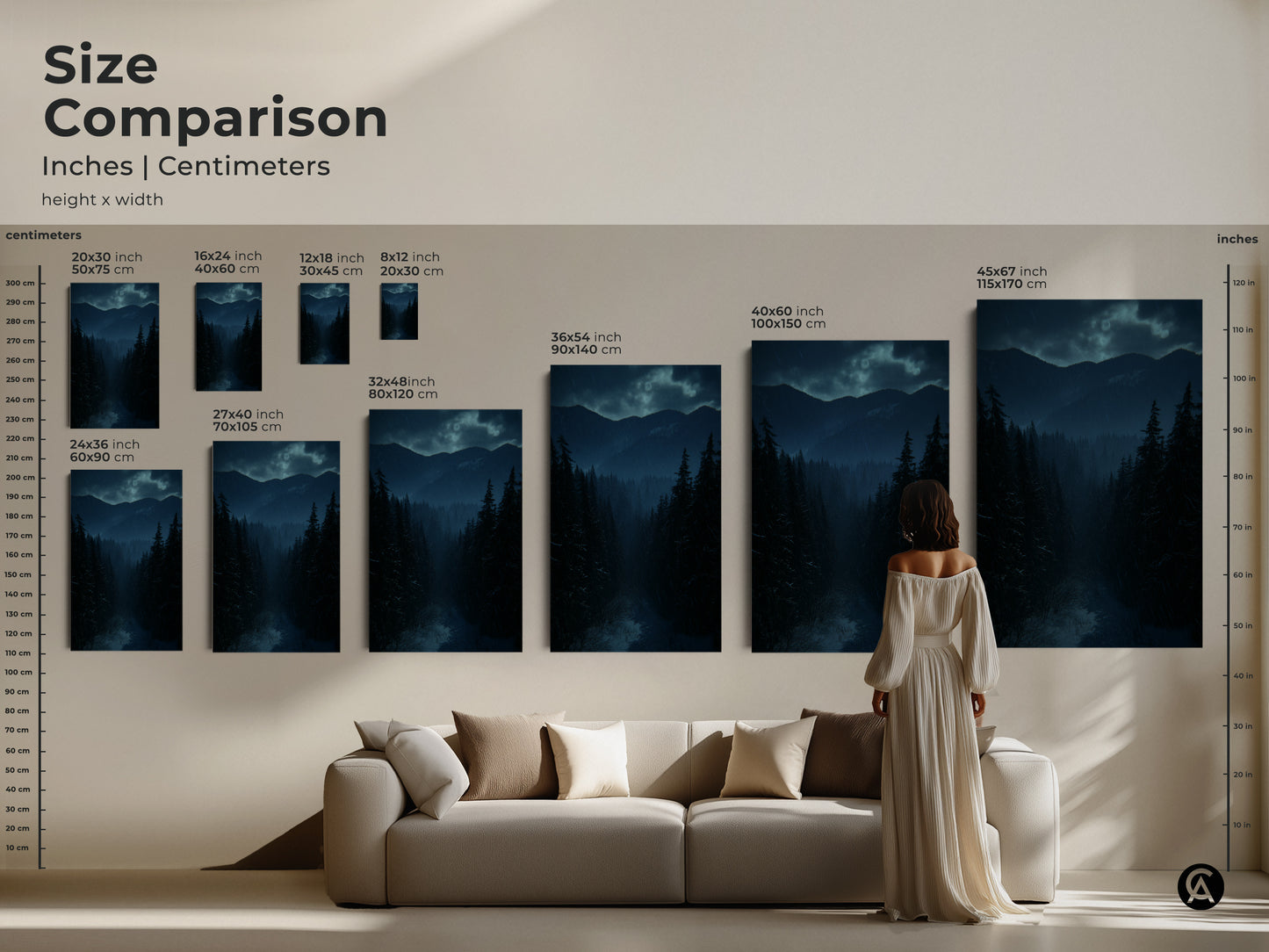 Size comparison of deep blue forest and mountain canvas prints. Inches and centimeters are shown. The rustic winter landscape wall art fits above a sofa. Teal nature artwork complements any room.