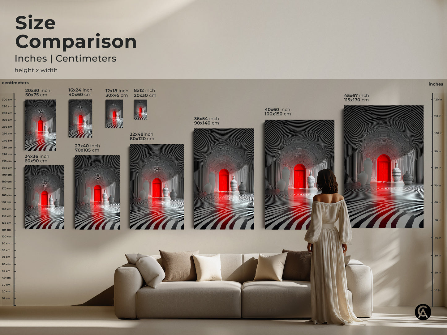Size comparison of the optical illusion art. See how the artwork fits above a sofa. Imagine the red door and zebra stripe tunnel art in your living space. Various sizes available for canvas and poster.