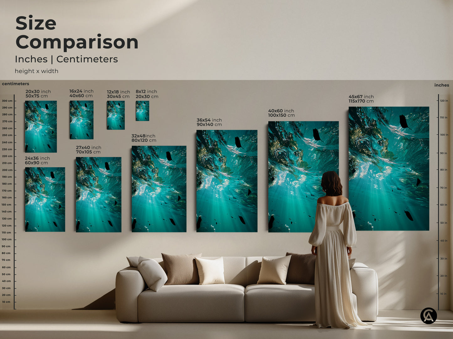 Size comparison of underwater ocean artwork in various sizes from small to large. Canvas and poster prints displayed above a couch. Teal and aqua colors create a stunning coastal aesthetic decor.