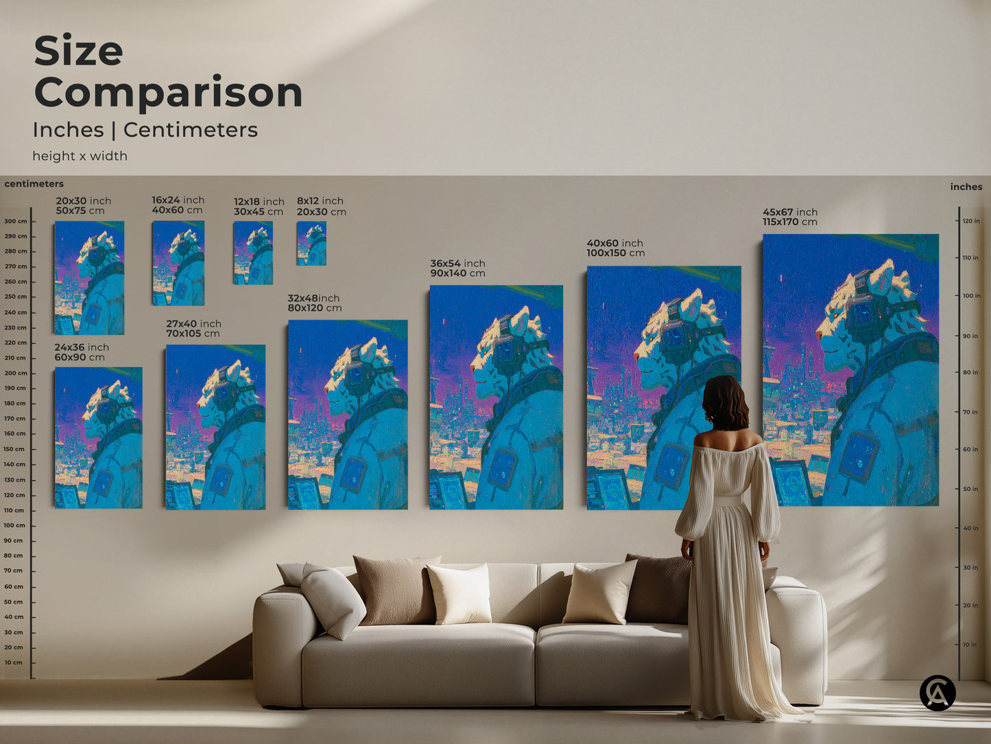 Visualize the size comparison of our artwork. See how the cyberpunk snow leopard art fits into different room settings. Available in inches and centimeters. Choose the ideal dimensions to enhance your decor with this stunning piece.