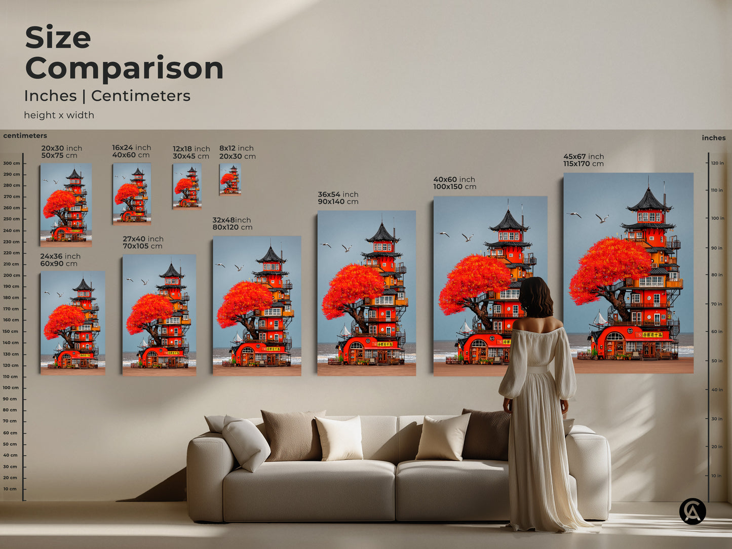 Size comparison of Japanese Pagoda coastal tower artwork. See the art print in various sizes and formats. Visualize this unique piece in a living space for your boho or coastal decor. A serene fantasy travel art.