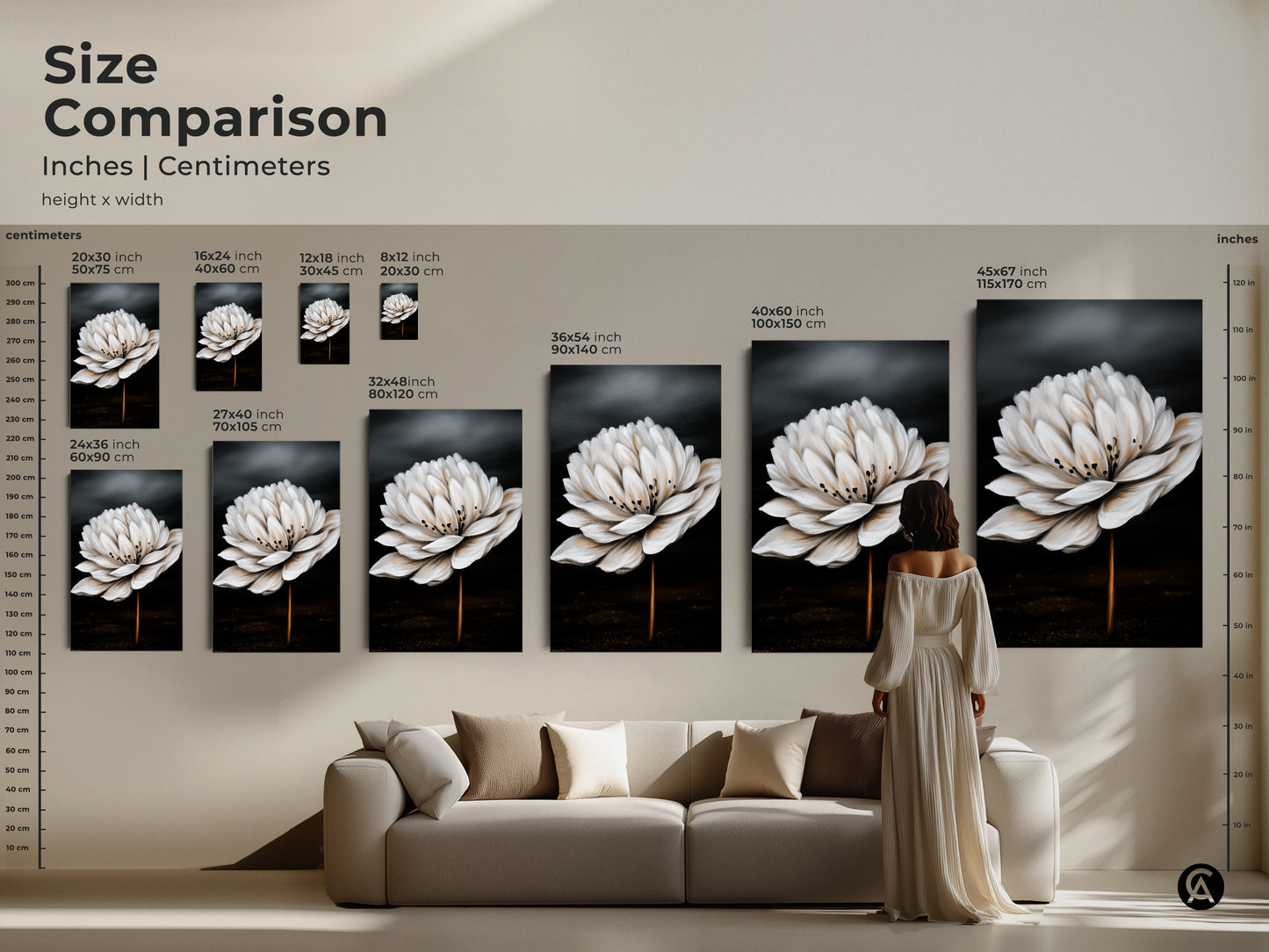 Size comparison of realistic white flower art. See how canvas prints enhance your living room. Botanical artwork in various sizes. Find the perfect scale for your contemporary decor.