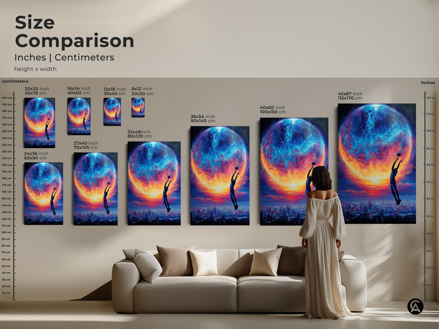 Compare sizes of this fantasy basketball player art in inches and centimeters. The surreal space planet canvas art is available in multiple sizes. Each size has different options of canvas or poster. See how it fits in your living room. This artwork transforms any space.