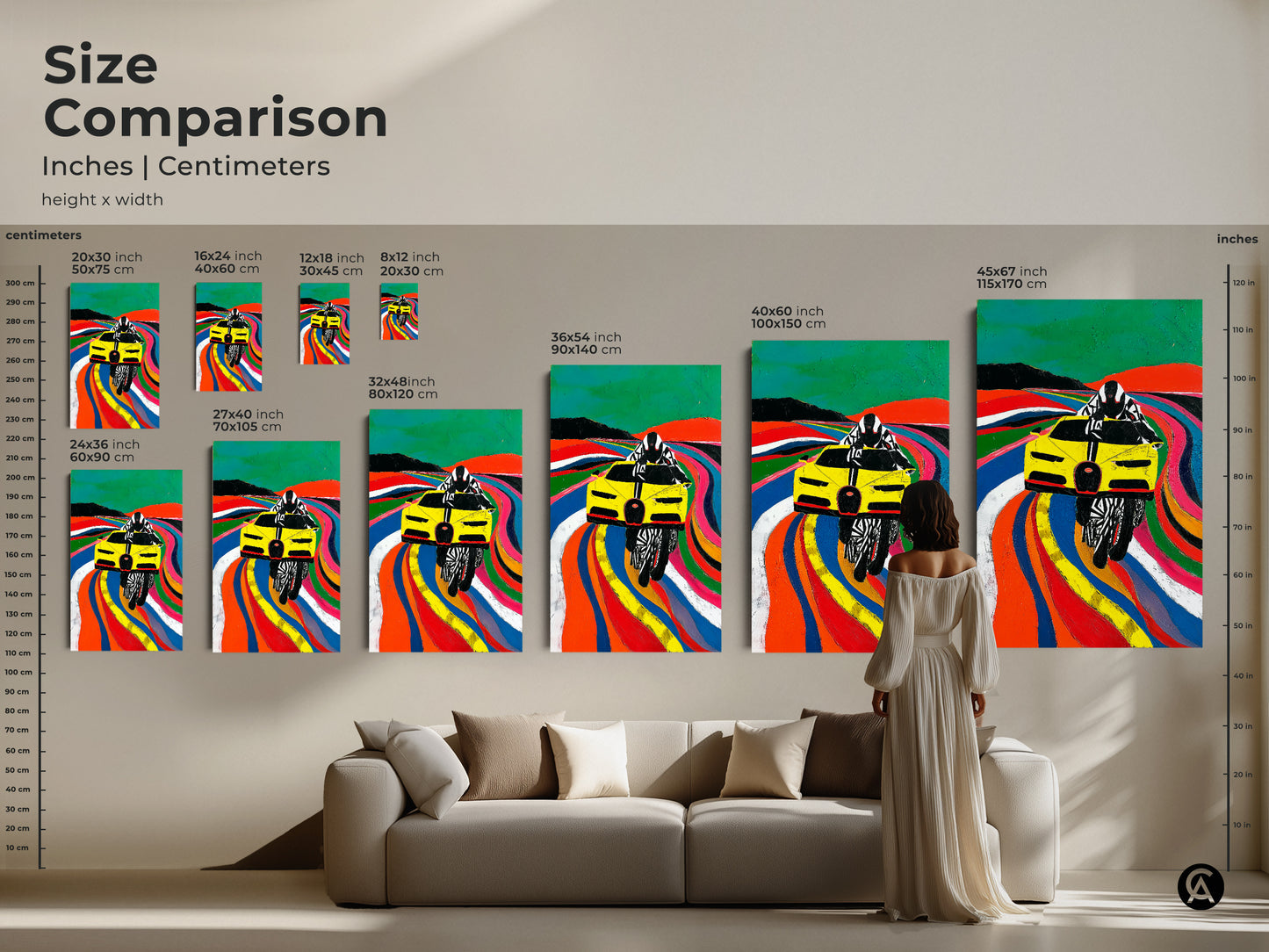 A size comparison showcases the inches and centimeters of this pop art. Ranging from small to large it displays a dynamic Yellow race car canvas. This modern automotive art makes a statement. Find the perfect fit for your space and elevate your decor with speed. This would make a unique present for a F1 fan and motorsport enthusiast.
