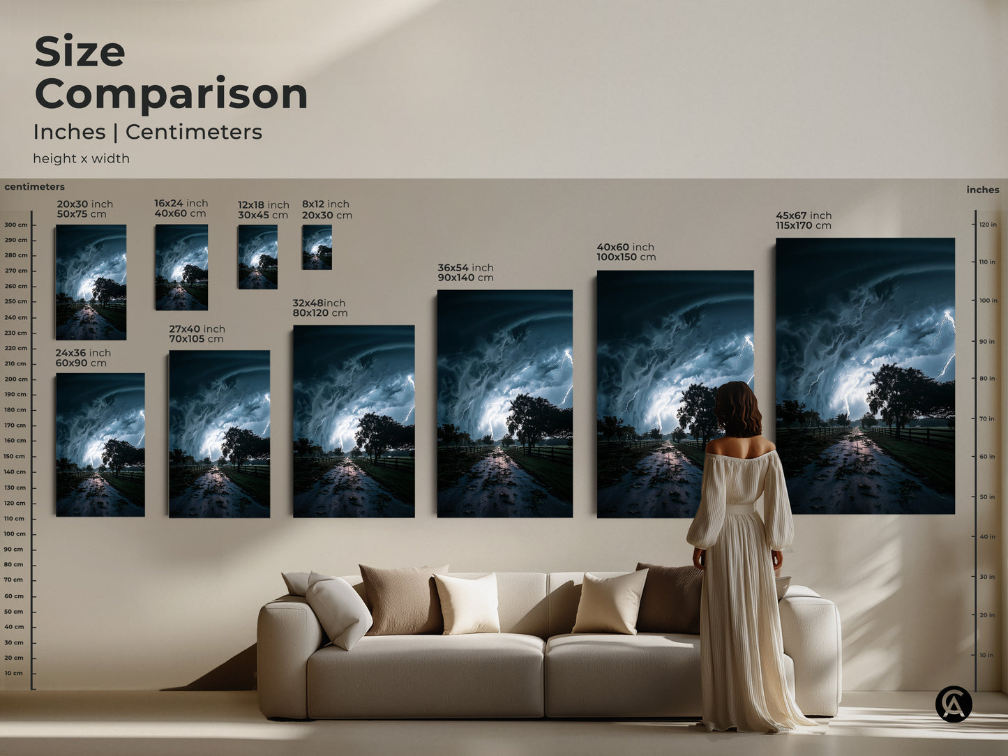 Size comparison of dramatic storm art in inches and centimeters. Lightning landscape print features teal and blue storm decor. The contemporary nature wall decor is easy to choose a size. Display this unique nature canvas in a living room setting. A housewarming gift nature art.