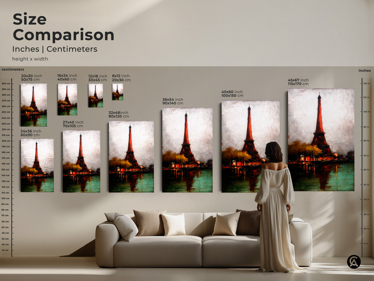Compare sizes of Eiffel Tower art in inches and centimeters. Visualize how each art print will fit with this size comparison. Choose from various sizes of this unique travel gift.