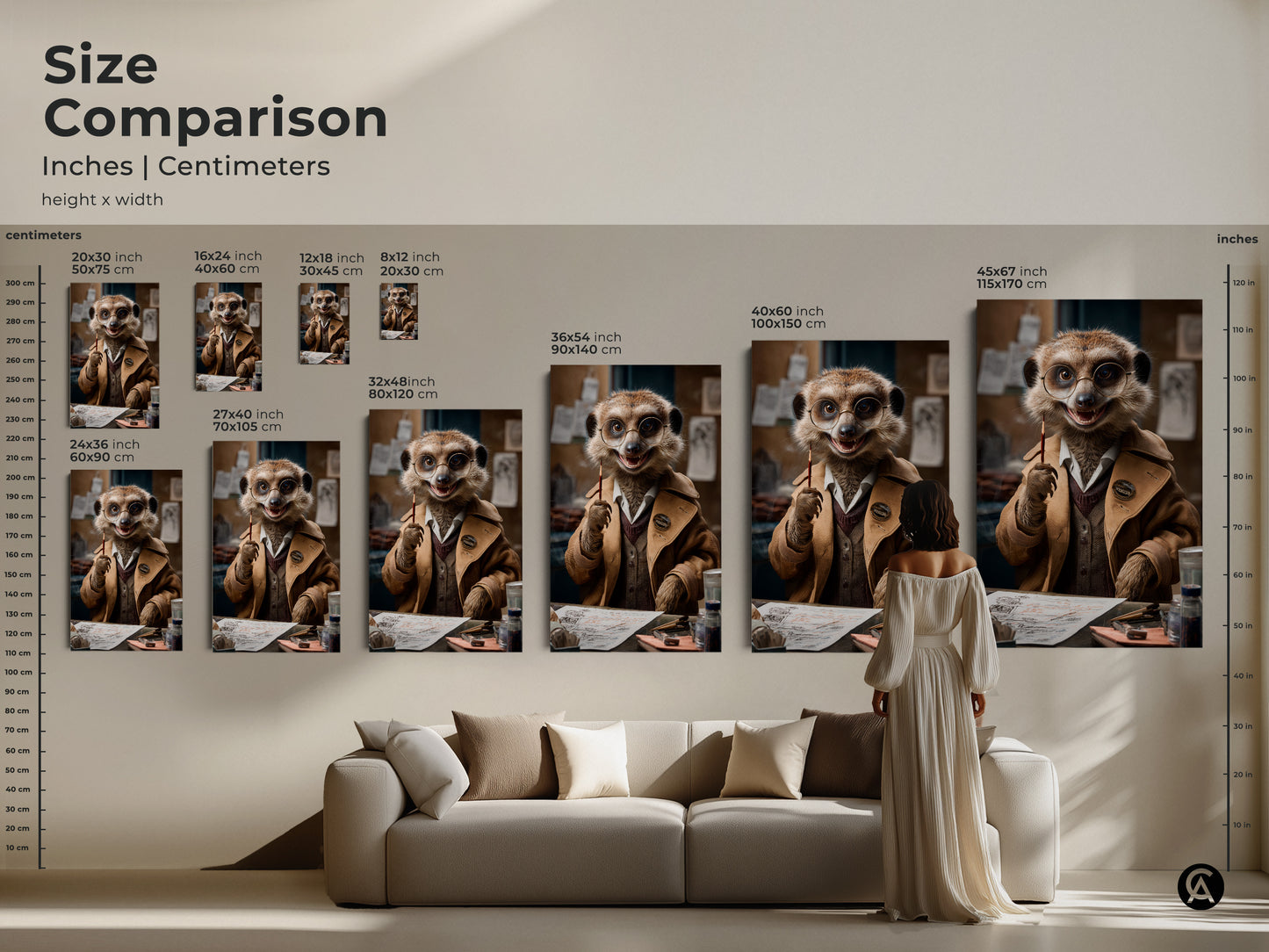 Size comparison chart showing the dapper meerkat artwork in inches and centimeters. Various print sizes and formats are displayed above a sofa. These sizes make great small medium or large statement art pieces for any home or office space.