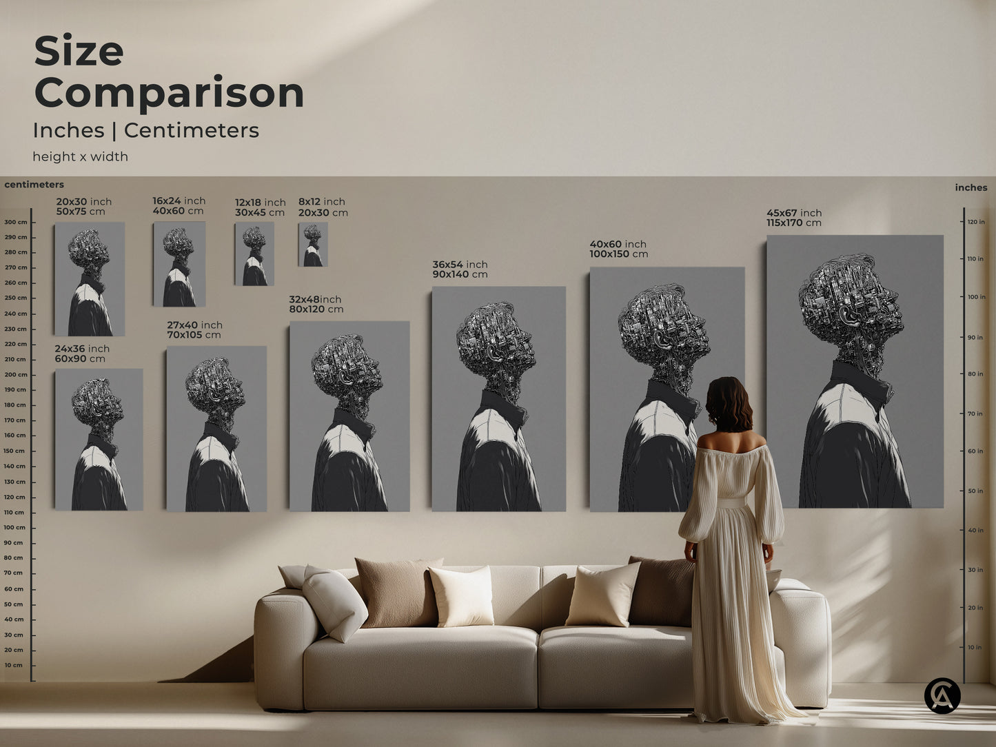 Size comparison of cyborg art prints in inches and centimeters. Visualize the artwork in various sizes. See how it complements a living space. Choose the ideal size for your canvas or poster art.