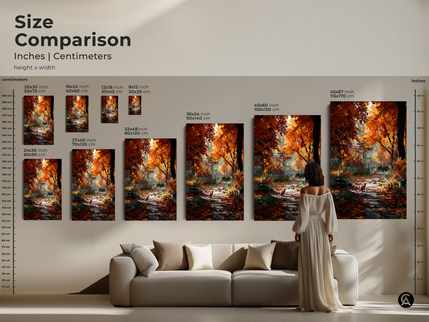 Compare sizes of this autumn artwork. See how it fits in your space. This captivating piece features a ginger cat on a leaf-covered path. Its available in various dimensions as canvas or poster