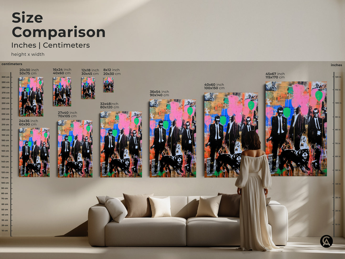 Size Comparison of Graffiti Men Suits Dog Art. See how the artwork fits above a sofa. Multiple sizes available to suit any room. Canvas and poster options for this urban pop art. Perfect for adding a statement to your eclectic home decor. Transform your space today.