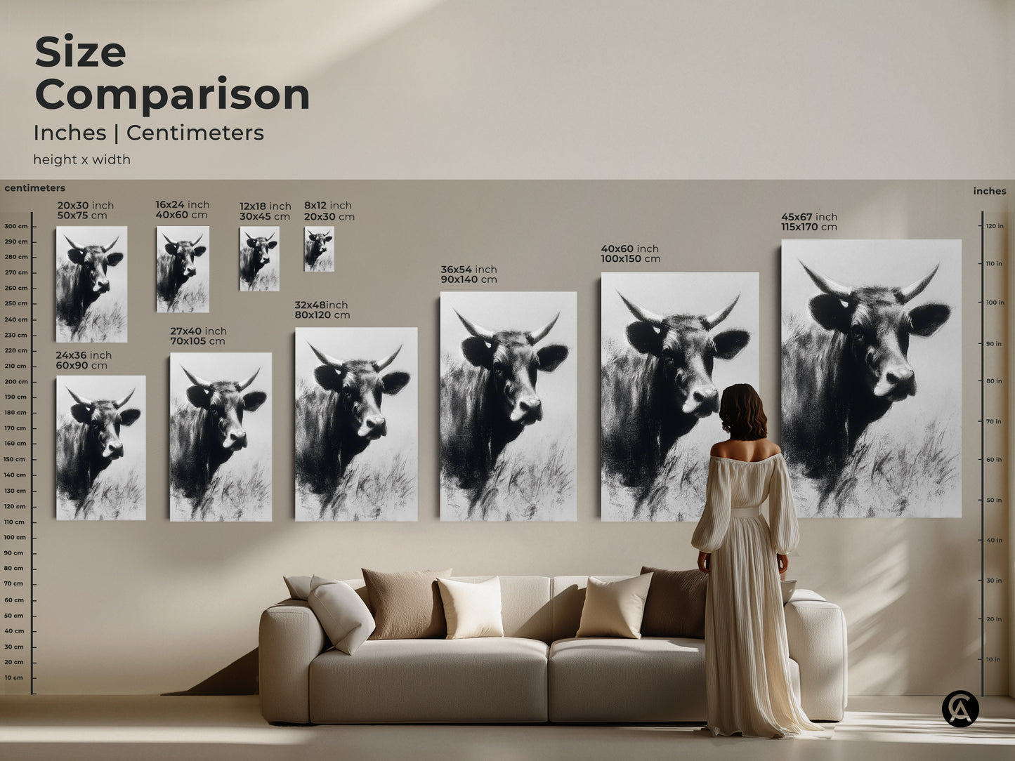 Size comparison of rustic cow canvas art in inches and centimeters. Displayed in a living room setting. Black and white farm animal decor for farmhouse living room art. Choose the perfect size for your space.