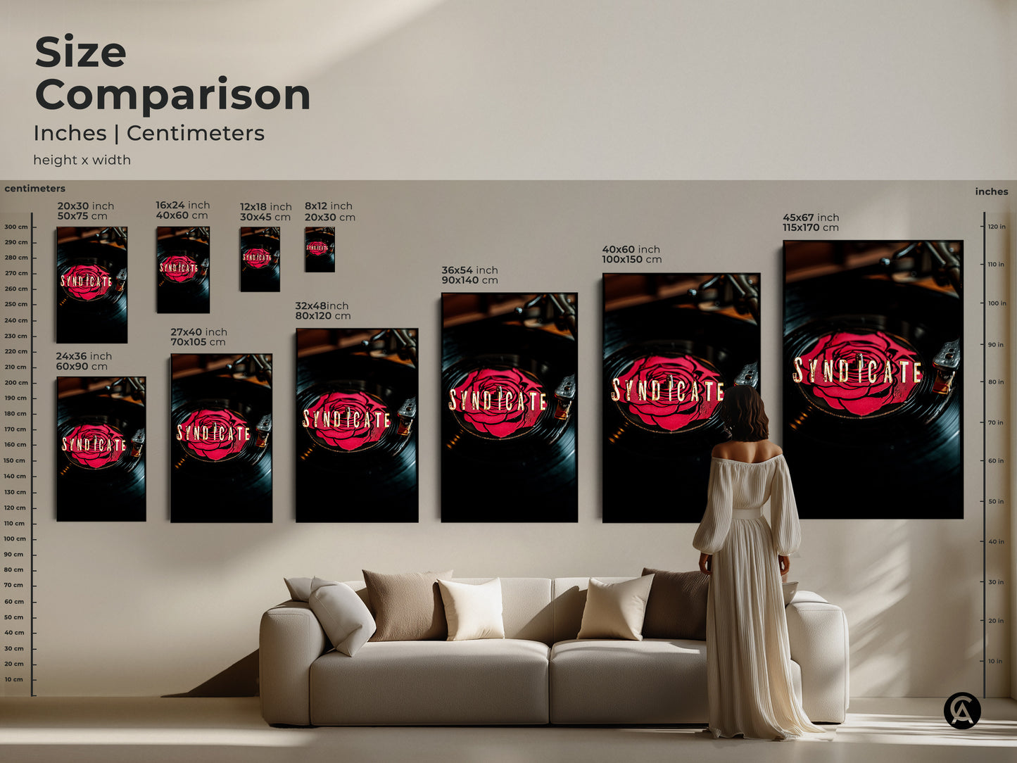 Size comparison of Syndicate vinyl record art. A variety of canvas and poster print sizes are displayed above a couch. Choose the perfect size for your home decor. This is a modern retro canvas.