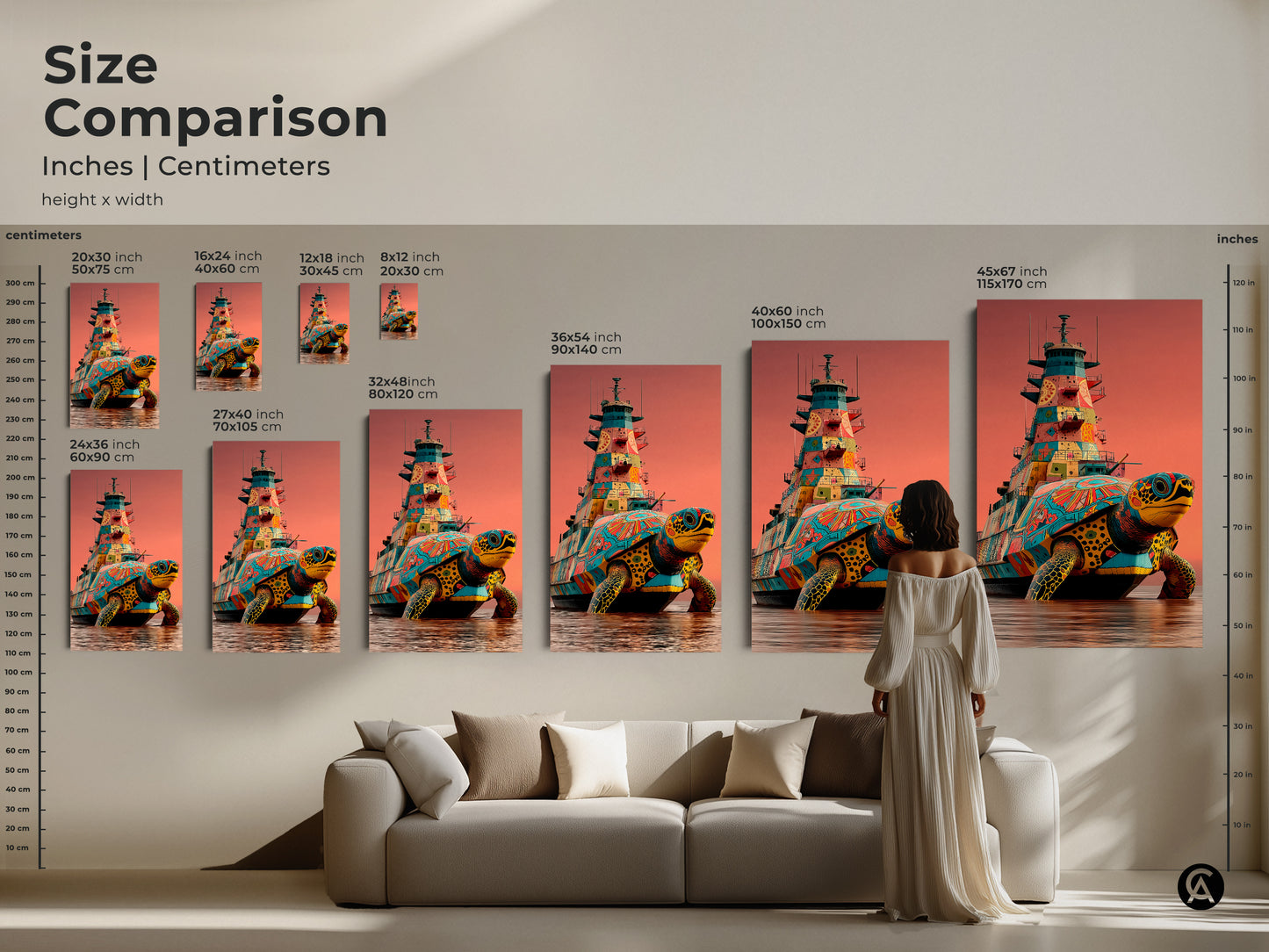 Compare sizes of this surreal turtle battleship canvas print. Visualize the impact of different dimensions in inches and centimeters. This pop art turtle canvas merges fantasy animal artwork with vibrant teal orange yellow hues. Transform your living space with this unique eclectic wall hanging. Add a touch of marine life charm to your home decor