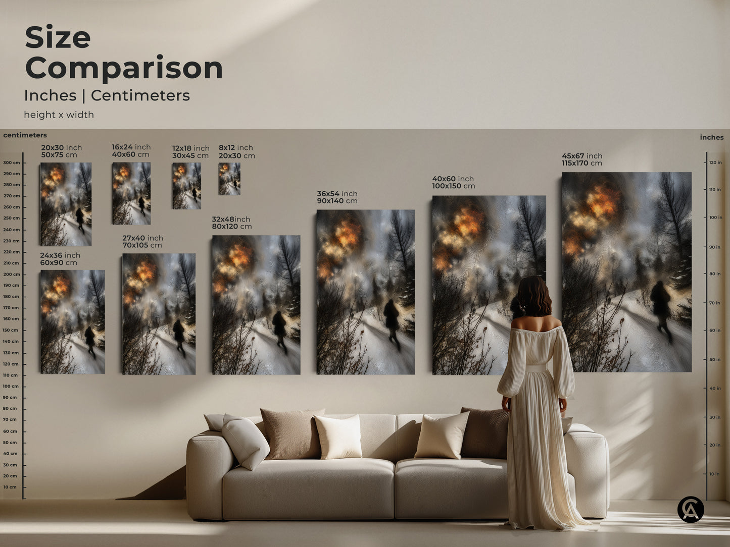 Size comparison of winter landscape artwork in inches and centimeters. See how different sizes fit above a sofa. Choose the ideal snow scene canvas print for your contemporary wall art collection.