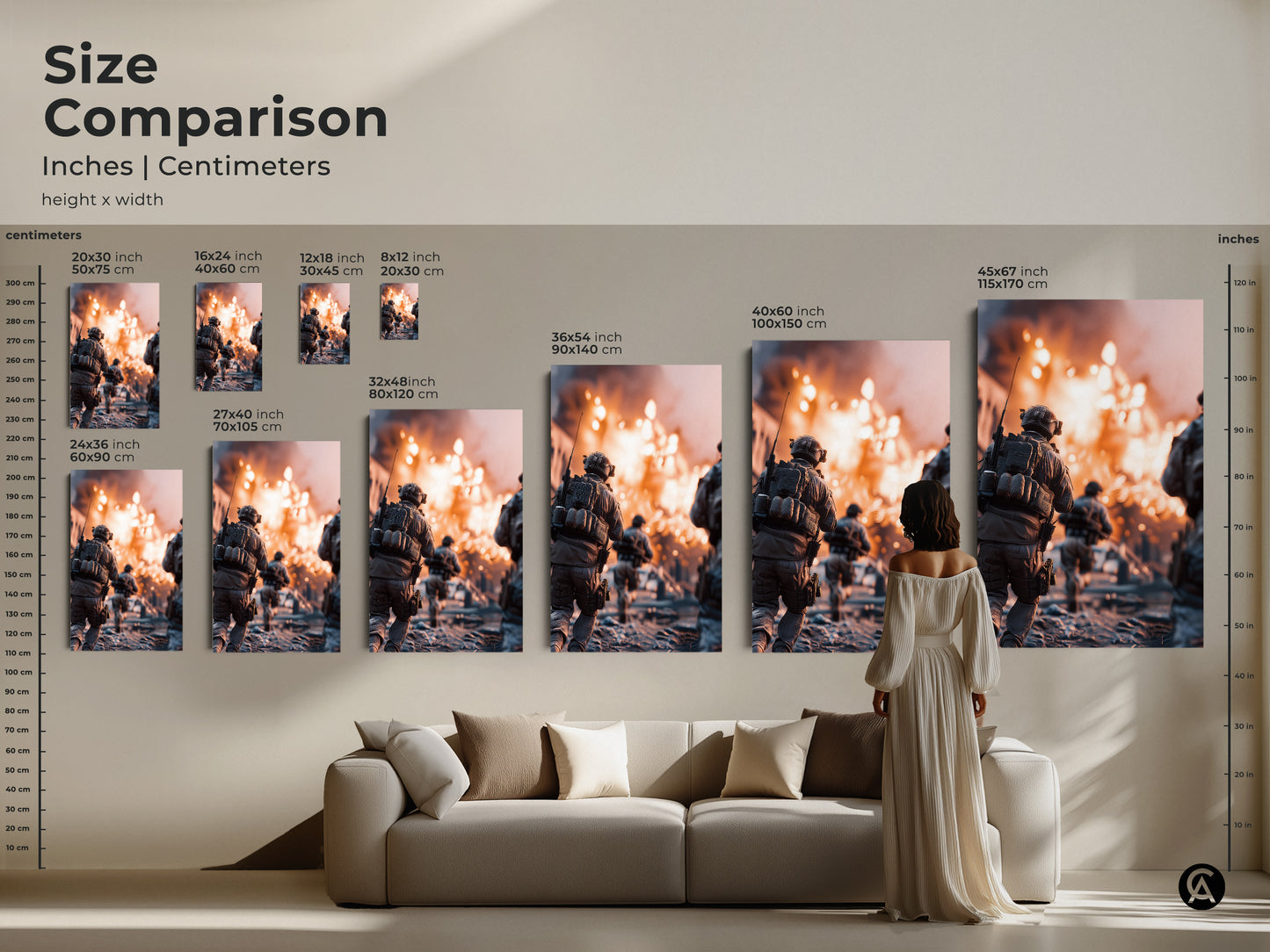 A size comparison shows a soldier running through an explosion. Different sizes are available in inches and centimeters. This modern military art is great for man caves or office workplace decor. Choose canvas or poster prints to fit any space.