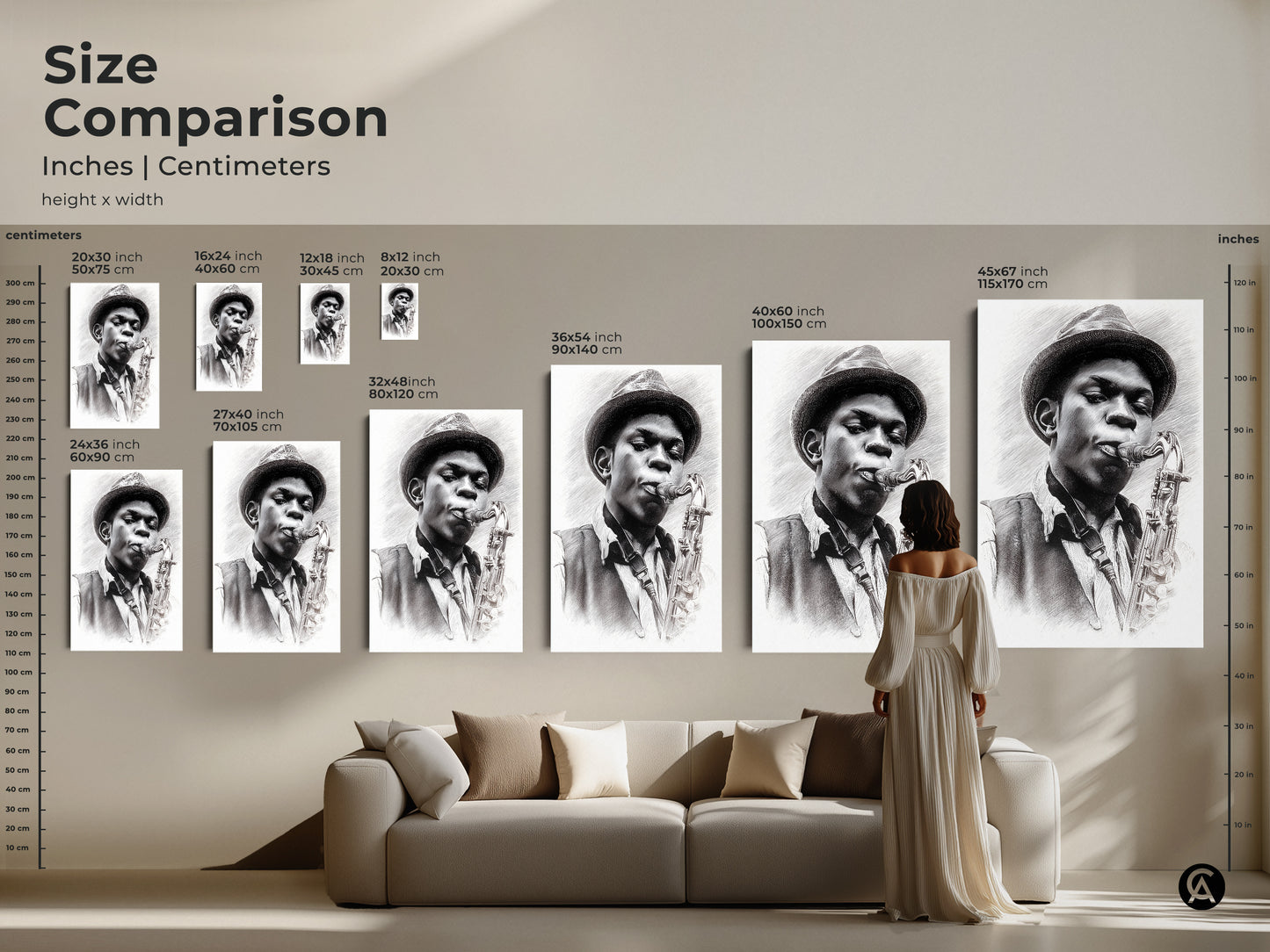 Size comparison of our pencil artwork of a jazz musician. See how different sizes look in a living room setting. This artwork is available in various sizes and formats. From small prints to large statement pieces. Perfect for adding a musical touch to your home decor.