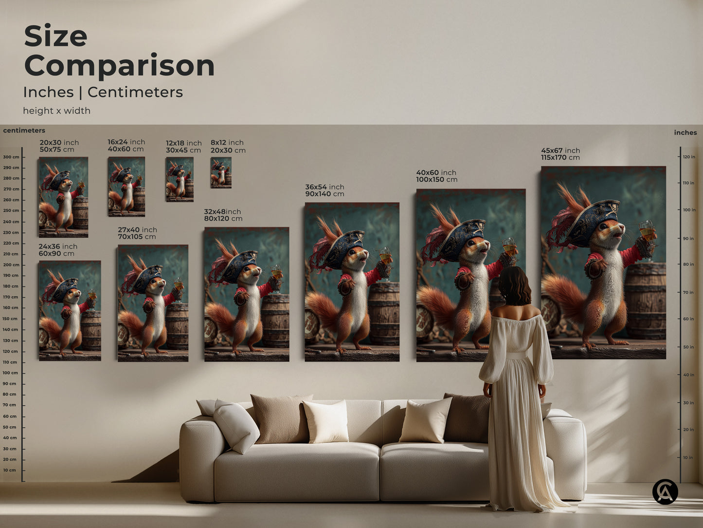 Compare sizes of the pirate squirrel art print in inches and centimeters. This whimsical poster comes in multiple sizes to suit any room. See how the eclectic animal wall decor looks in different scales. It is a unique gift for rum enthusiasts. Transform your space with fantasy bar art.