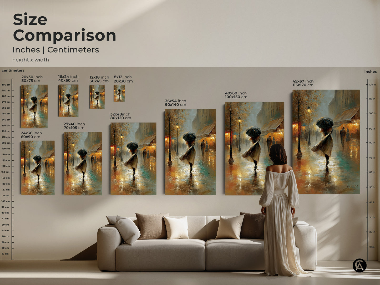 Compare sizes of our Parisian street artwork in inches and centimeters. This size comparison shows the art against a sofa. Envision how each canvas or poster print will enhance your space. Choose the perfect size gold and teal artwork for a stunning home decor transformation.