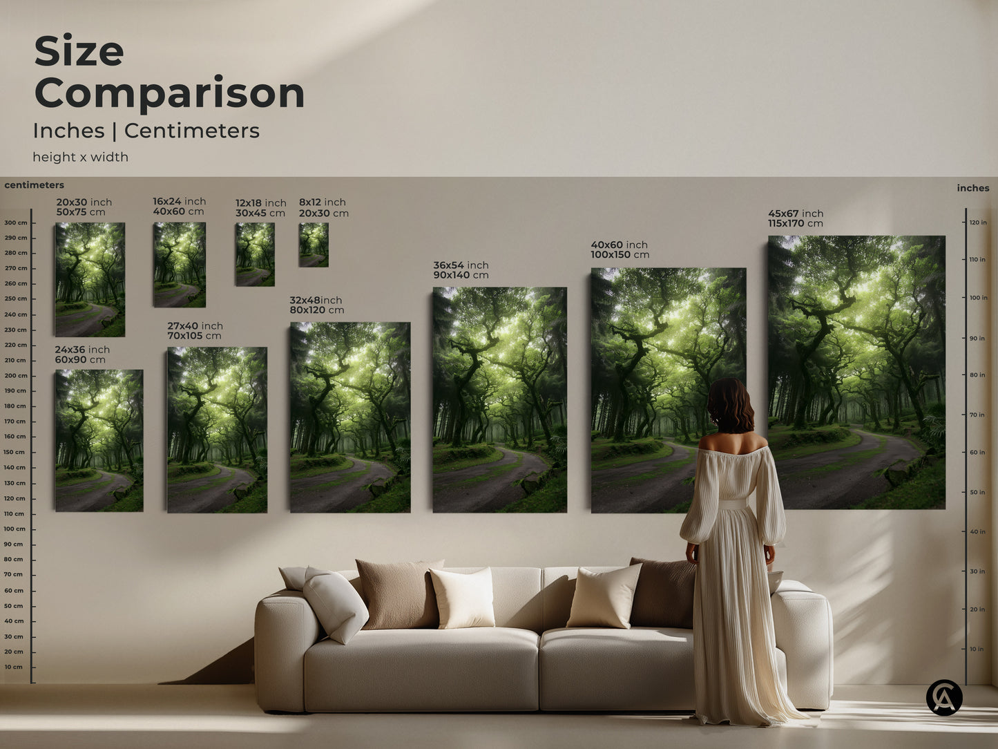 Size comparison of misty forest artwork in inches and centimeters. See how the canvas and poster prints look in various sizes above a sofa. Visualize the emerald green trees and winding path in your space. Find the perfect fit for your nature landscape artwork