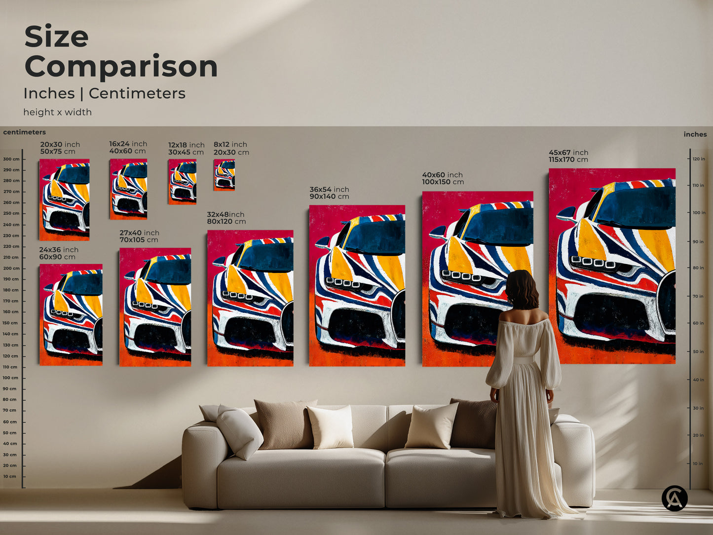 Size comparison chart for abstract automotive art. See supercar art in different sizes with a person for scale. Artwork in inches and centimeters for different canvas and poster sizes. Modern home decor.
