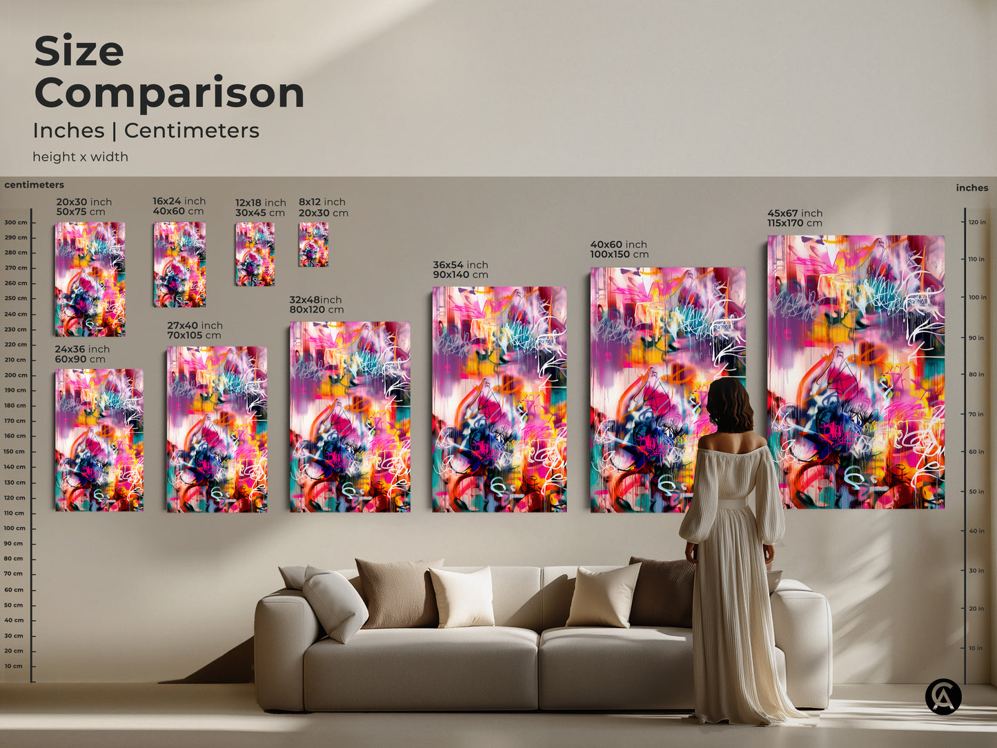 Size comparison of abstract art prints in inches and centimeters. Featuring a variety of sizes for canvas and poster options. A woman stands near a sofa to show scale. Find the ideal size to enhance your living space with modern artwork.