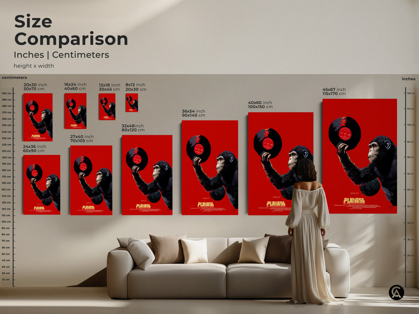 Size comparison of the chimpanzee vinyl record artwork. See how this retro pop art fits in various room settings. The eclectic music wall art is available in multiple dimensions. The chimpanzee portrait canvas adds a unique touch. Perfect for music enthusiasts and art collectors.