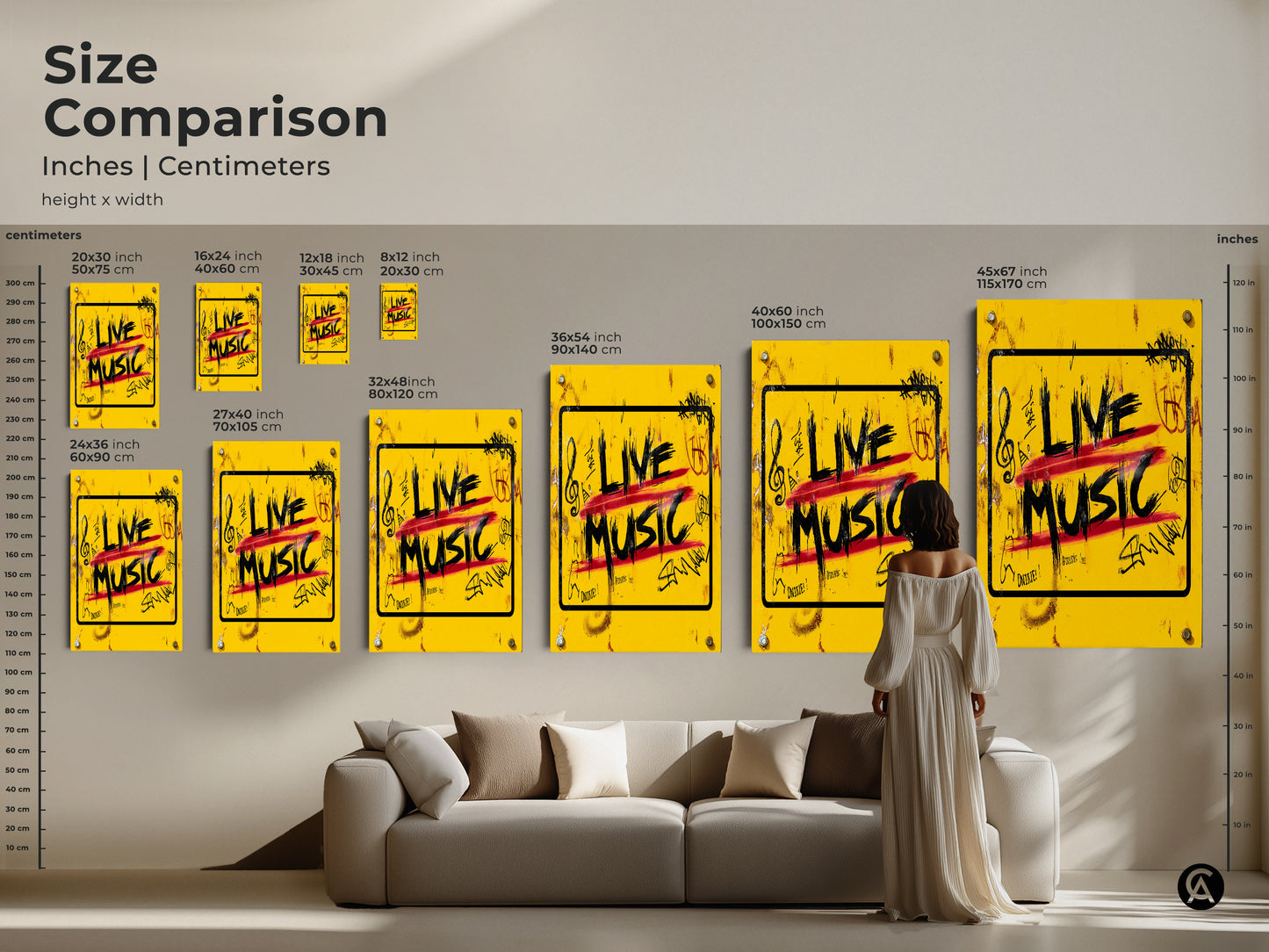 Compare sizes of this 'Live Music' graffiti art print to visualize it in your space. See how this yellow urban street canvas fits above a sofa or in a studio. Perfect for music lovers seeking eclectic wall decor with bold red and black accents.