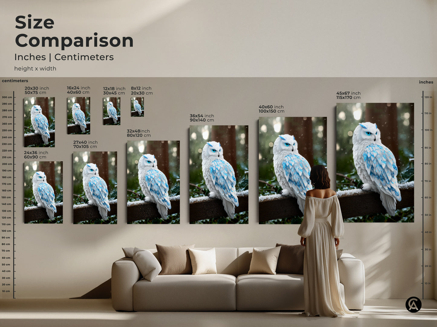 Size comparison showcasing various sizes of the fantasy snowy owl artwork in inches and centimeters. The blue crystal feathered winter bird art complements a living room. This nature-inspired wall art enhances any space.