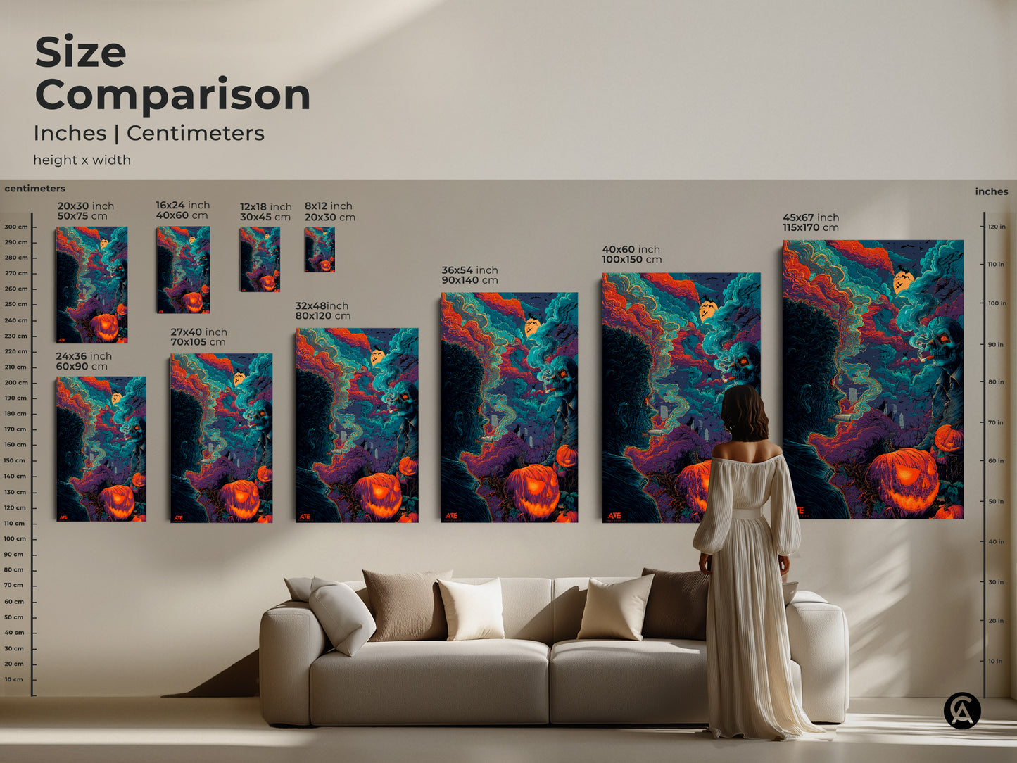 Size comparison for Halloween art. This artwork is available in a variety of sizes. Sizes range from 8x12 inches to 45x67 inches. See how each size will look in your home. Various sizes are available for posters and canvases.
