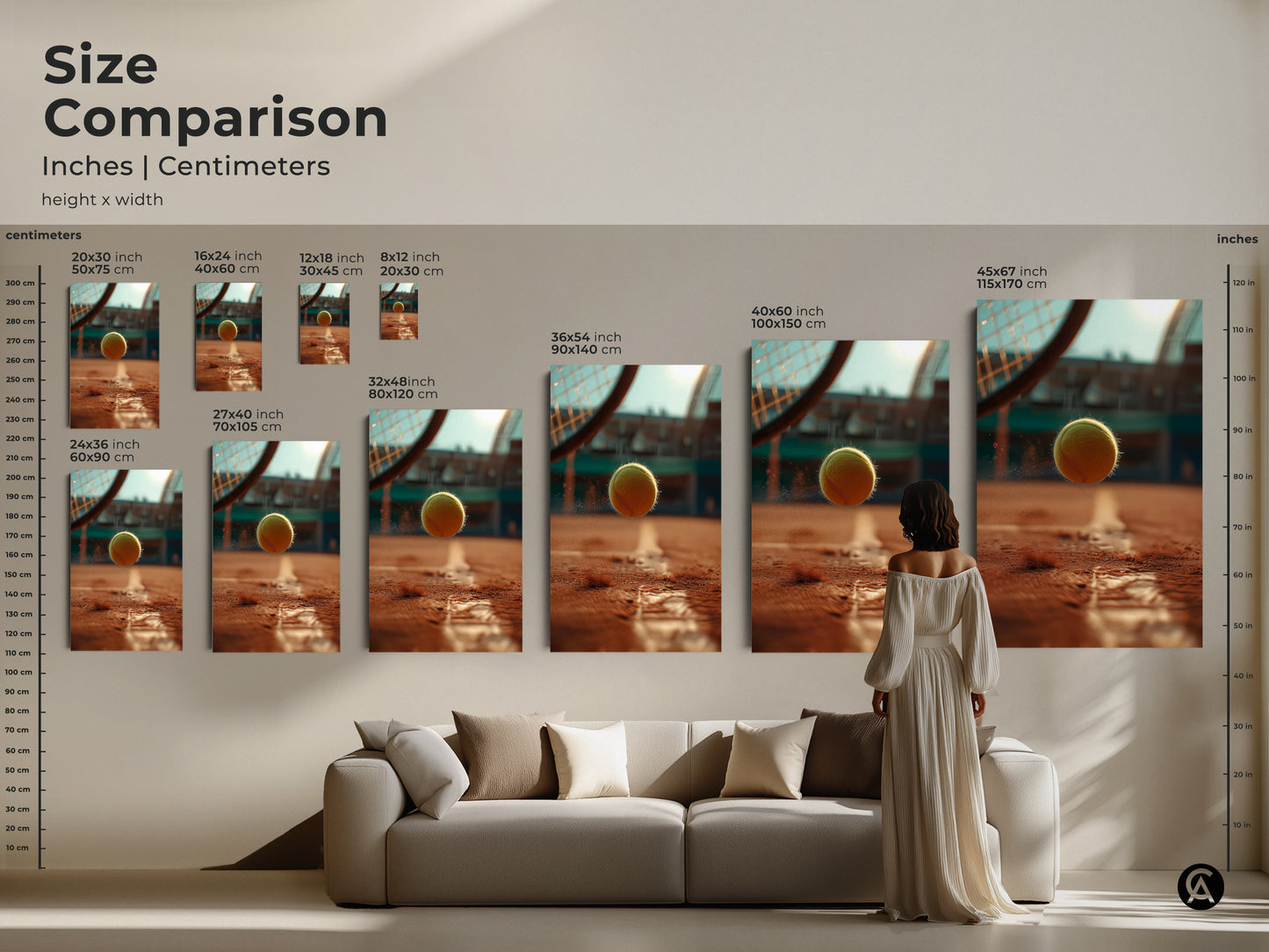 Tennis ball artwork size comparison. Visualize the artwork's impact in inches and centimeters. Various sizes are available to fit your space. From small to large find the perfect fit. Enhance your decor with our dynamic tennis-themed artwork prints today.