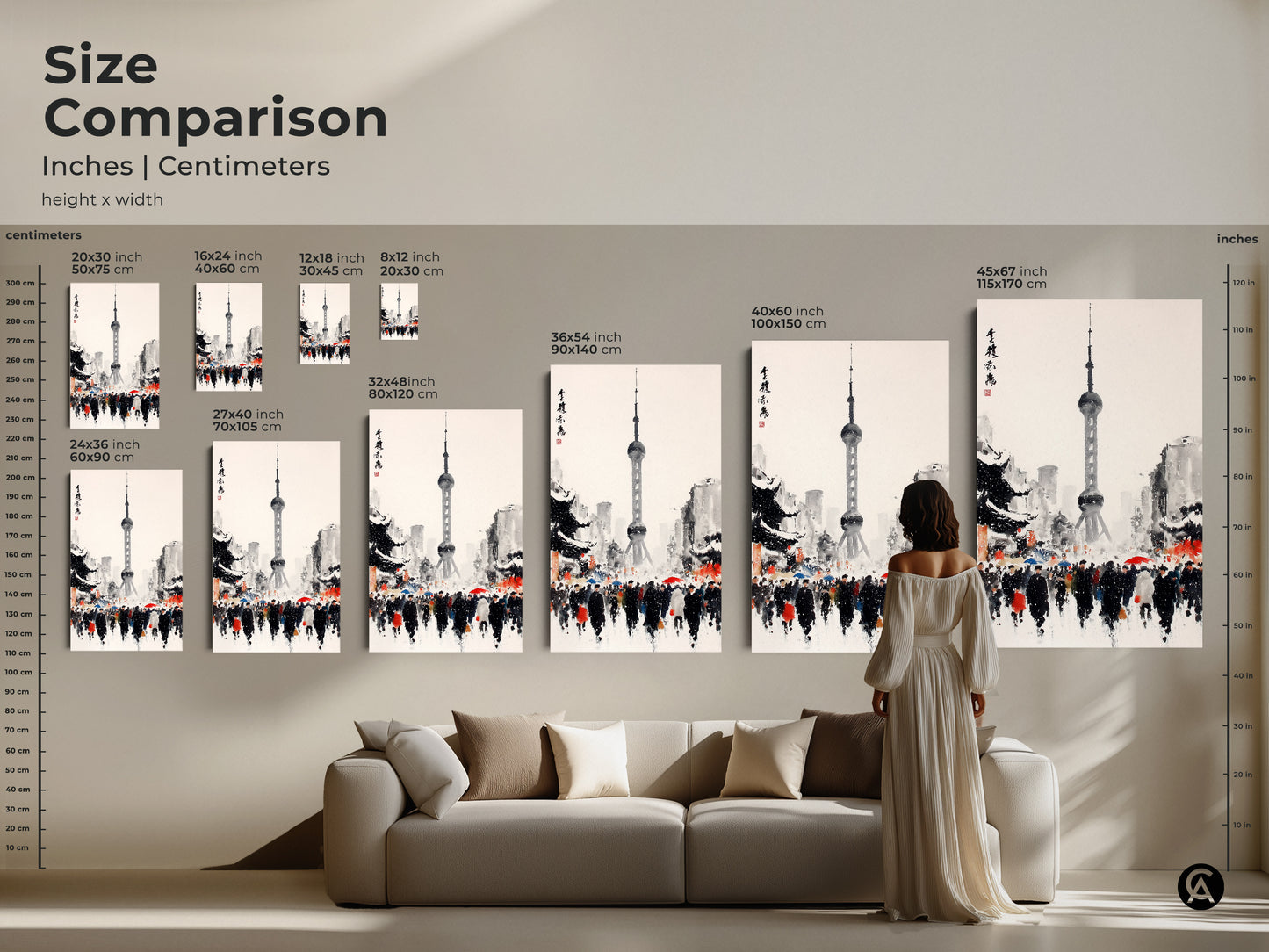 Size comparison for Shanghai Tower artwork. Artwork height and width is shown in inches and centimeters. Choose from a variety of sizes to fit your space. Art options include canvas and poster prints.