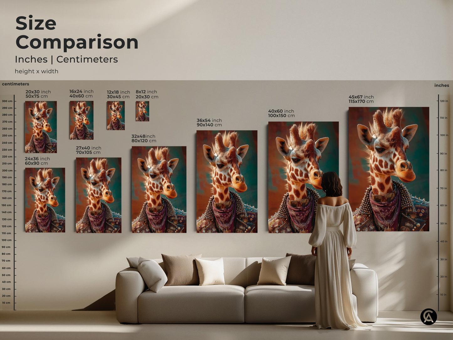Size comparison of punk giraffe art in inches and centimeters. See how the canvas fits above a sofa. Various sizes available for this poster print. Find the perfect scale for surreal animal art in eclectic spaces. This wildlife art is edgy home decor.